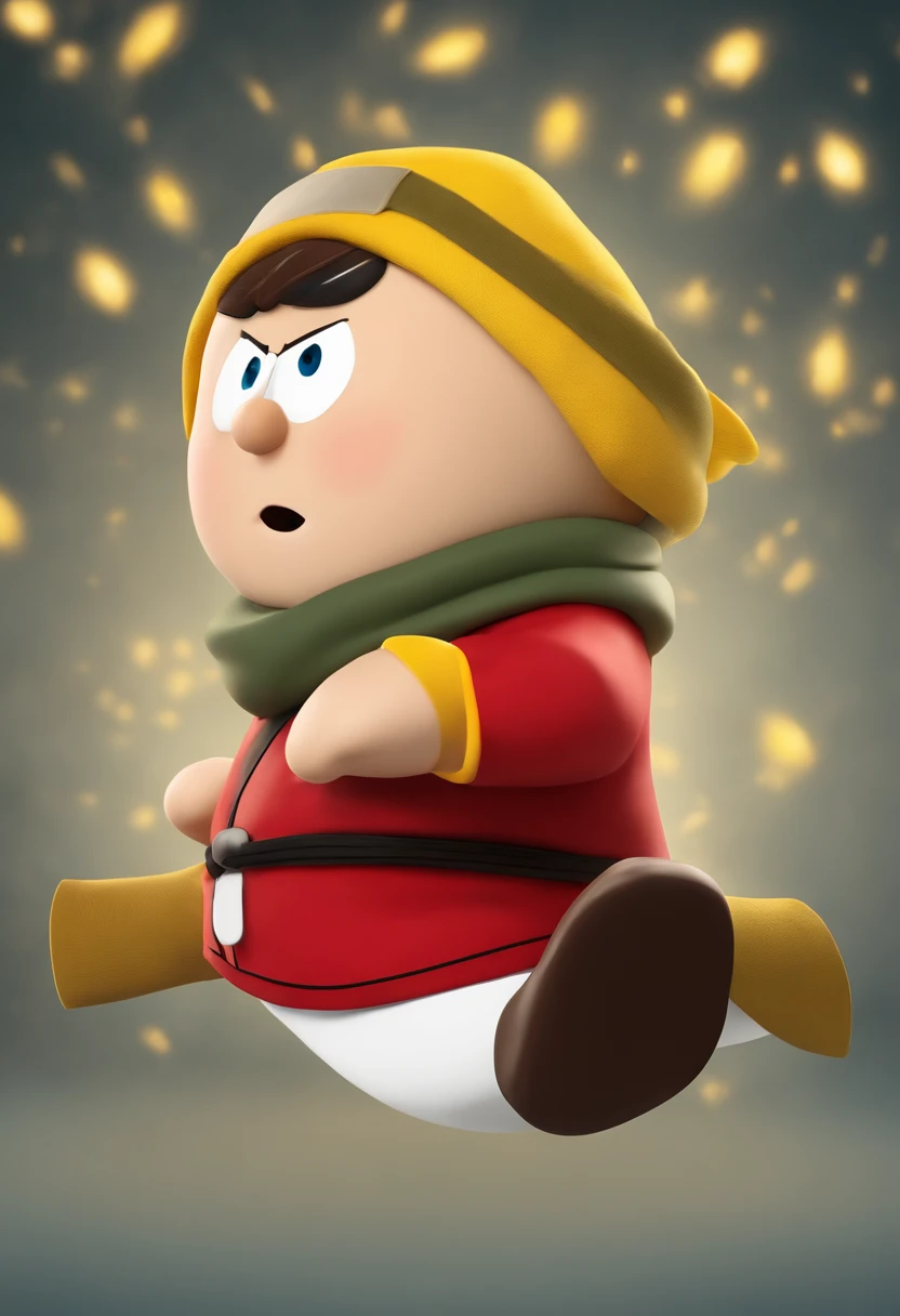 A picture of Cartman dressed in a karate uniform, performing a high kick in mid-air,South Park,Eric Cartman, a character from the animated TV series “South Park,” is easily recognizable with his round, chubby figure, often clad in a red jacket, yellow mittens, and a blue hat with a yellow pompom. His small, beady eyes and often smug expression reflect his mischievous and sometimes malevolent personality., male