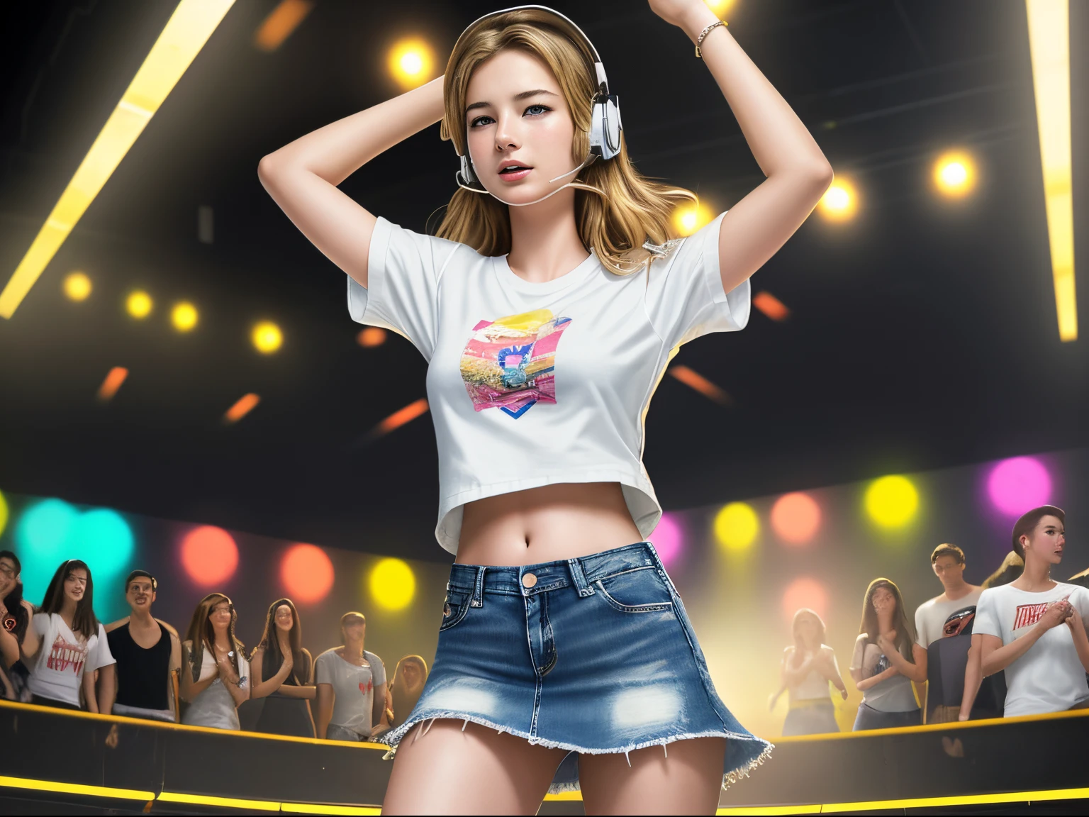 top quality 32k raw photo of 18-year-old Emily VanCamp wearing white T shirt and jeans skirt and headphone. navel look. she is on the disco stage dancing. colorful lights,