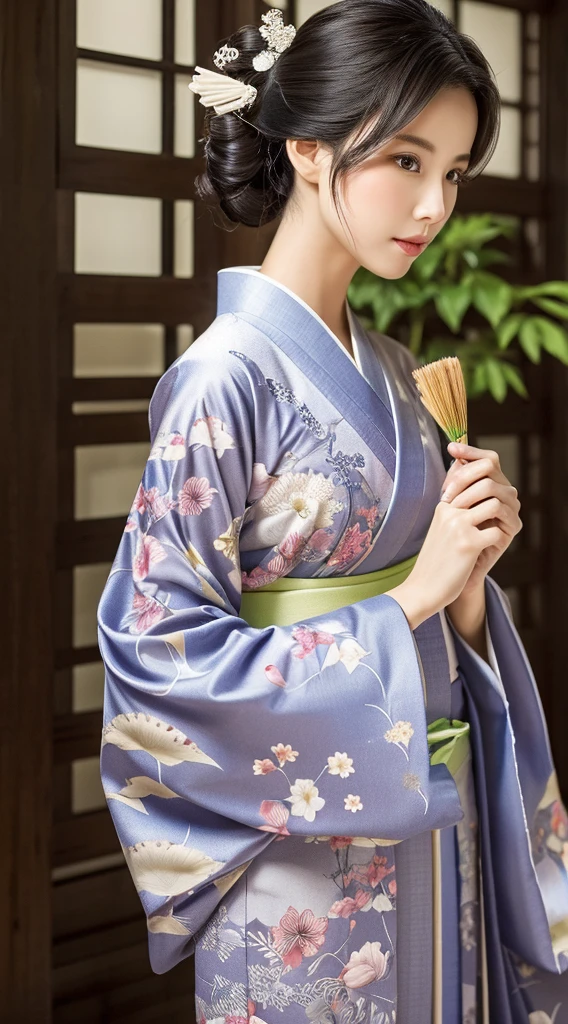 Best Quality, masutepiece, 超A high resolution, (Photorealistic:1.4), Raw photo, One bewitching woman, Kimono beauty with a crane pattern, gros-plan, Looking at Viewer, castle town, cabelos preto e longos,,Beautiful photos,is beautiful,fullbody image,