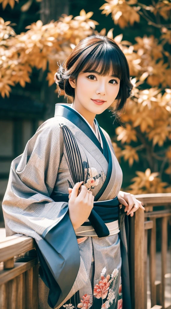 Best Quality, masutepiece, 超A high resolution, (Photorealistic:1.4), Raw photo, One bewitching woman, Kimono beauty with a crane pattern, gros-plan, Looking at Viewer, castle town, cabelos preto e longos,,Beautiful photos,is beautiful,fullbody image,