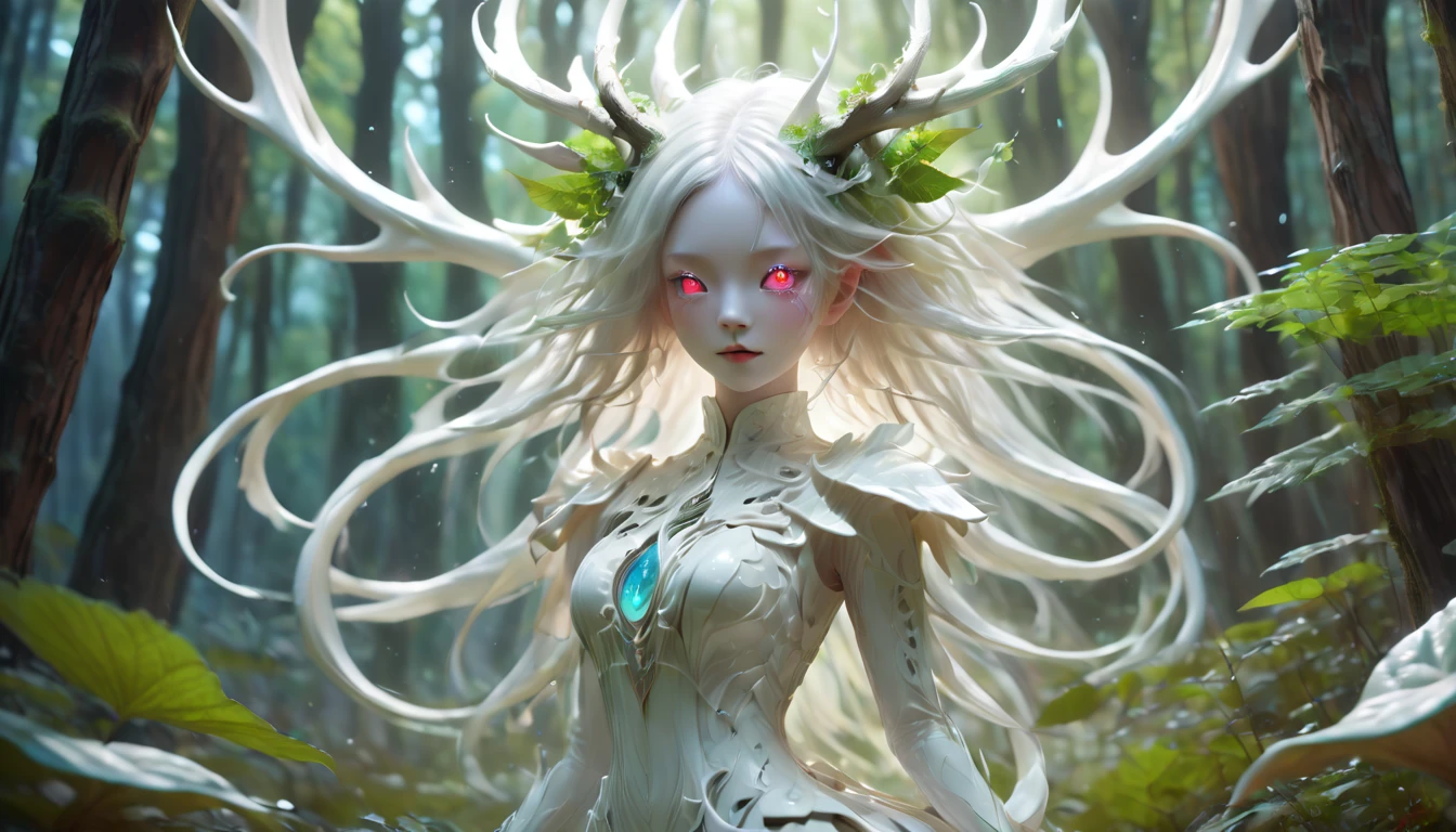 White dragon plant girl,(A girl made from fresh plants),forest,plant,Beautiful psychedelic psychedelic white complex,Cute face,Long hair,8K,Ultra-fine knots,deer antlers,huge tits