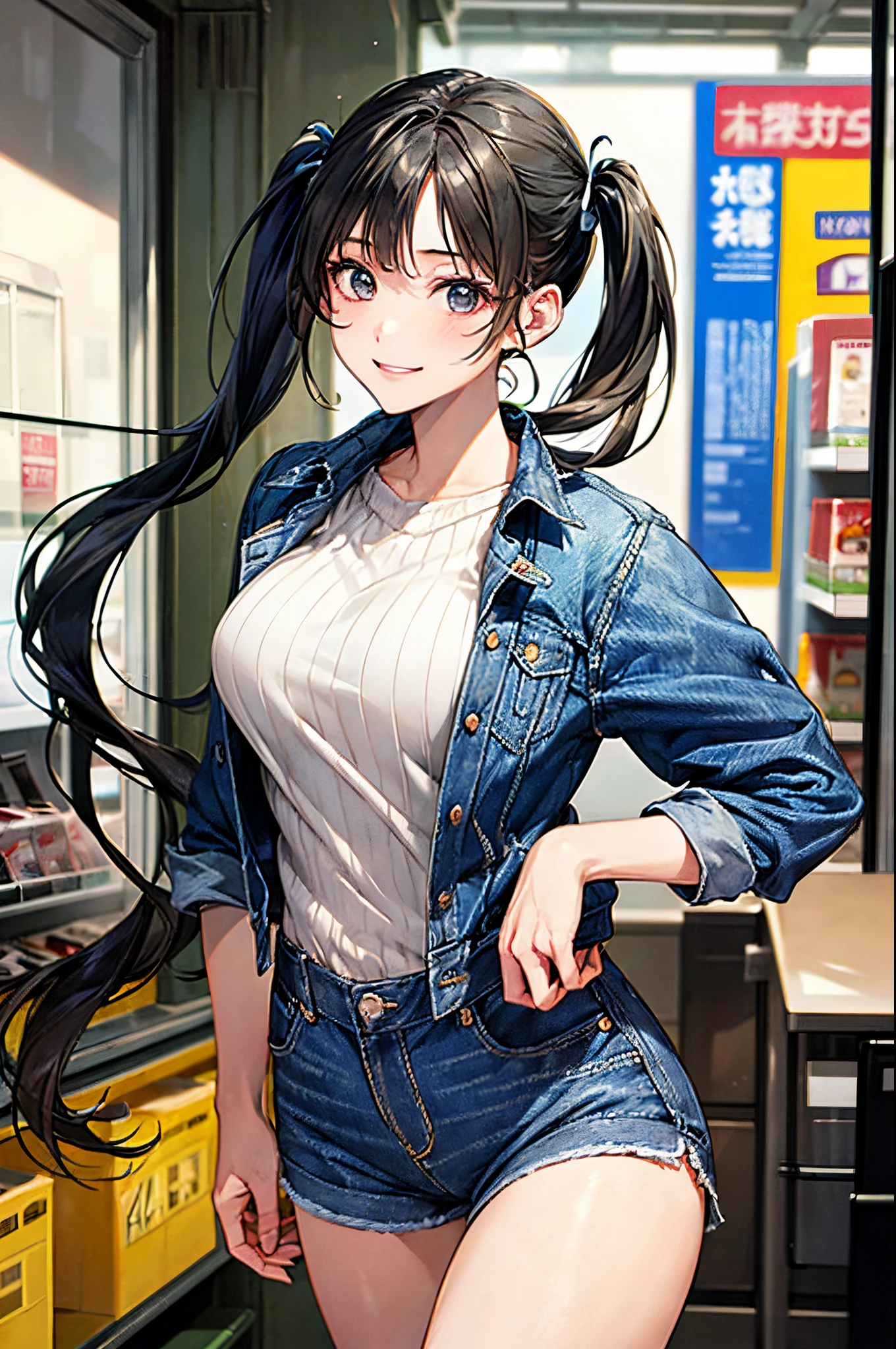 ((perfect anatomy, super detailed skin)), 1 girl, japanese, 14 years old, shiny skin, watching the view,
beautiful hair, beautiful face, beautiful detailed eyes, (long hair:1.4, twintail:1.6), (babyface), large breasts:0.5, seductive arms, seductive thighs,
((sweater, denim shorts, denim jacket)),
(smile), walking,
(beautiful scenery), inside convenience store,
(8k, top-quality, masterpiece:1.2, extremely detailed), (photorealistic), beautiful illustration, cinematic lighting,