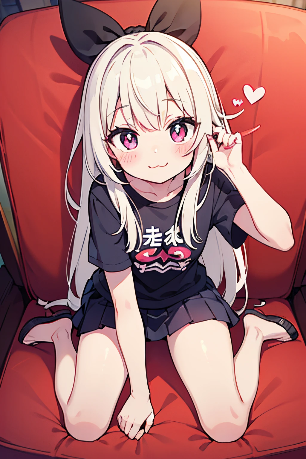 Long hair, flip-flops, thighs, legs, skirt, t-shirt, heart pupils, white skin, :3 smile, blush