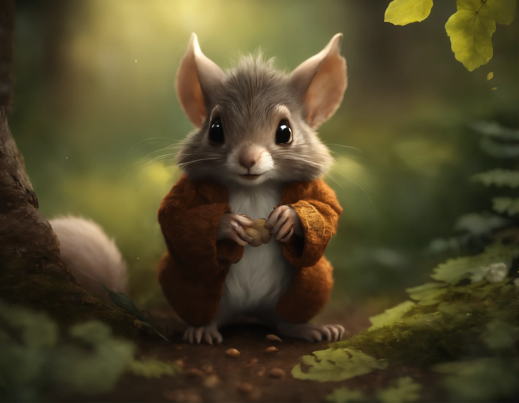 真实感, Realism, Close up of cute tiny fireflies around a huge oak tree, Morning lighting, dew, illuminate the bush, a detailed painting, cgsociety, Detailed painting, artstation hd, high detail, cgsociety, photo realism, Concept art, artstation hd, official arts, bokeh ,gremlin, squirrel-like, wear a hooded shirt, knitted jacket, assassin style, bright silver and brown, Long fluffy tail, large ears, covered with silver fur, water, stands on the shore, Best Quality, Masterpiece, in style of dark fantasy art, gremlin, mole-like, holding a huge acorn in his paws, bright silver and brown, Long fluffy tail, elongated nose,,,,, huge ears, covered with silver fur,tousled, five toes on each paw, holding a huge acorn in his paws, I'm standing in a forest clearing under the foliage of bast., acorns lie in the clearing, acorns glow, Crickets fly, Best Quality, Masterpiece, in style of dark fantasy art, fantasy-inspired, in the style of John Tolkien, (CBZBB:1.25), ((gremlin),Zhkute, Small, , Beautiful, Fantasy art, deviant art, trending artstation, Digital Art, Detailed, Realistic, humanoid, character, tiny, Cinematic shot, cinematic portrait of a mole, naturalist, huge oak roots, entrance to the pit, Fireflies,