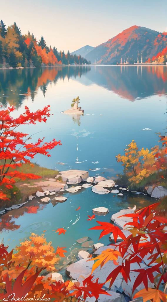 best quality,ultra-detailed,realistic,landscape,soft breeze,lakeside,fine autumn leaves,tranquil atmosphere,maple forest,clean water,lakeside bikini,serene vibe,natural beauty,vivid colors,fall foliage,picturesque scenery,sunlight filtering through trees,tall grass,reflection on the lake,splendid view,peaceful retreat,serenity,glowing sunset over the water,rippling waves,lakeside picnic,crisp air,whispering trees,calm water surface,lakeside relaxation,lakeside lounging,gentle rustling of leaves,serene ambiance,majestic landscape,soothing sounds of nature,azure sky,tranquil escape,leaf-strewn path,a slice of paradise,autumn charm,lakeside serenade,lakefront sunset,lakeshore tranquility.