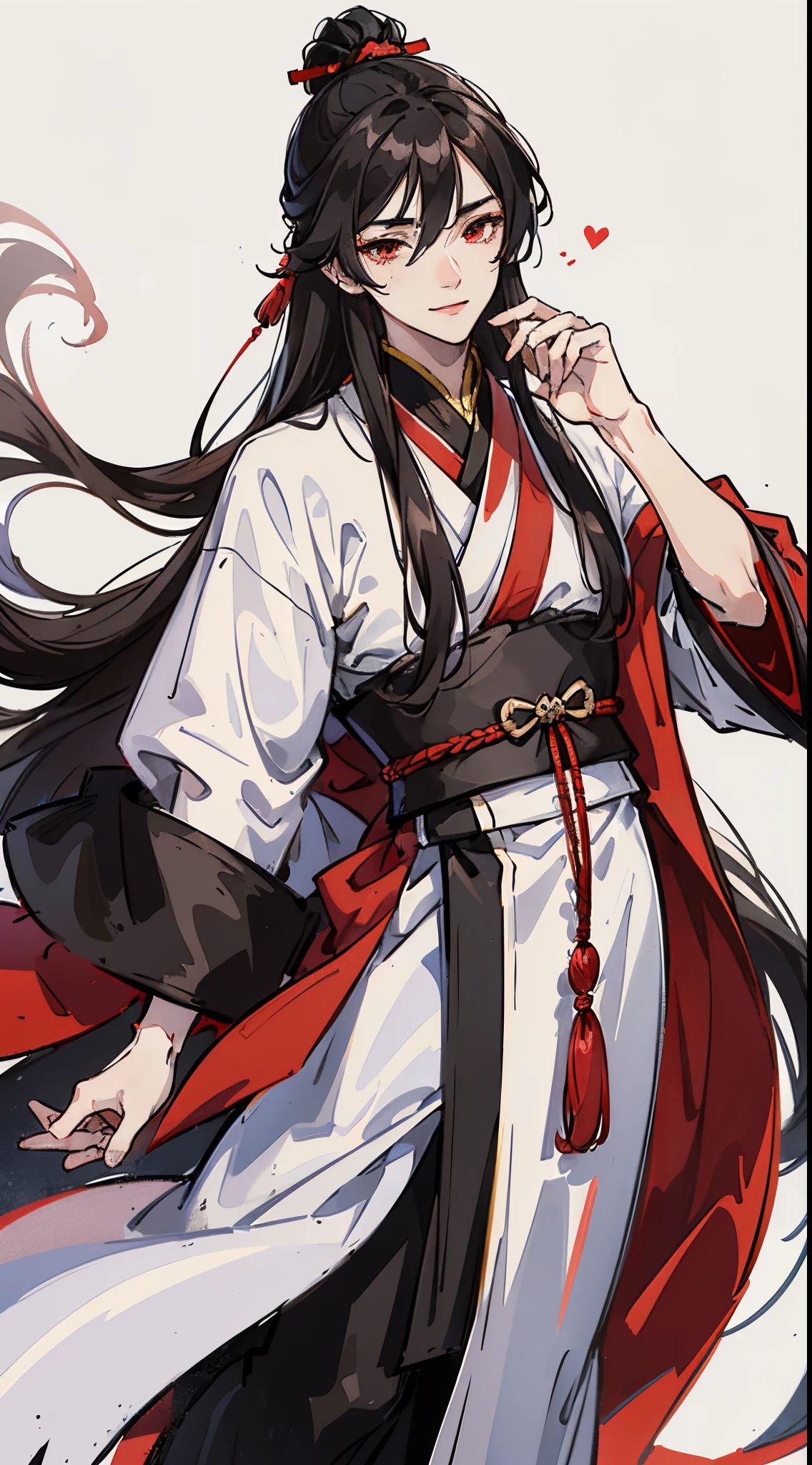 Hmong ager,exotic,sorcerous, boy,male people,Handsome,Hmong male,Ancients in red and black robes,ancient wind,brunette color hair, brunette color hair, crossed bangs, Long gray hair, messy hair, Fluttering, expressive hair, Hairline, tentacle hair, Moles under the eyes, raised eyebrow, half-close eyes, eyeballs, red eyes, long eyelasher, light smile, evilsmile, scowl, seduct smile, , hyper HD, tmasterpiece, super detailing, high detal, high high quality, 16k,Black hair and white horse anime character, flowing hair and long robes, heise jinyao, beautiful male god of death, handsome guy in demon killer art, onmyoji portrait, Inspired by Seki Do-sang, author:Hero, zhao yun, Beautiful hermaphroditic prince, Inspired by Bian Shoumin, A flowing white robe