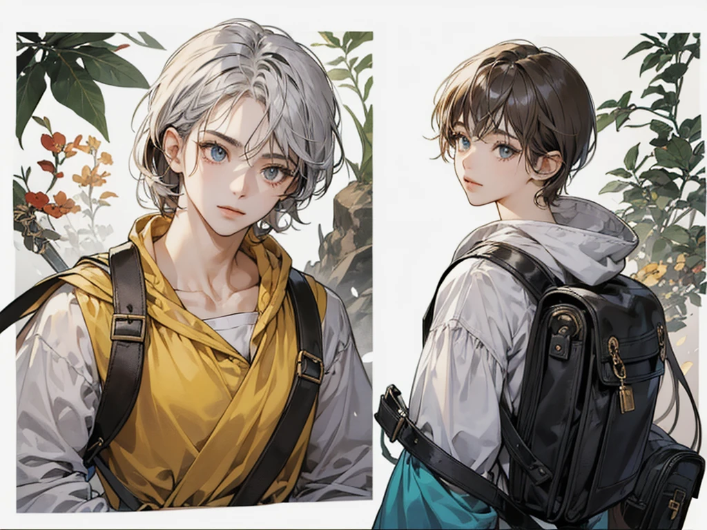 detailed game character art、((Best Quality)), ((masutepiece)), (Detailed), lower back、nabel、Perfect face, 1boy, Handsome, Yellow hoodie, Curly black hair, Looking at Viewer, Portrait, Talk to your audience, Fujimoto style、medieval treasure hunter、Explore with a giant backpack、Exploration behavior for large luggage、treasure hunter costume、Fluffy bob cut、short bangs、Silver-haired hyper detail