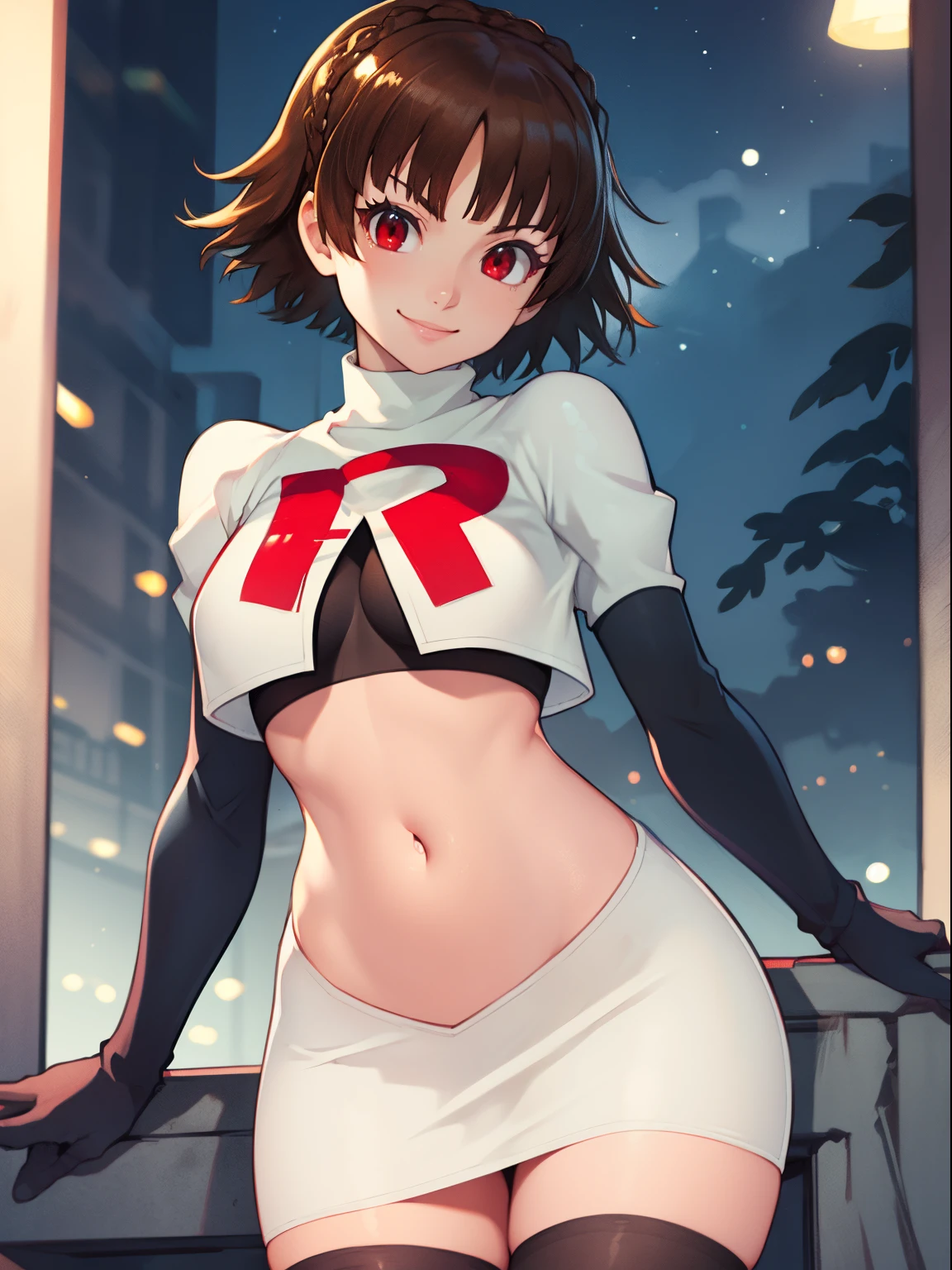 makoto nijima, blunt bangs, braid, brown hair, crown braid, (red eyes:1.3), short hair, team rocket uniform, red letter R, white skirt,white crop top,black thigh-high boots, black elbow gloves, smile, looking at viewer, cowboy shot, sexy pose, night sky background