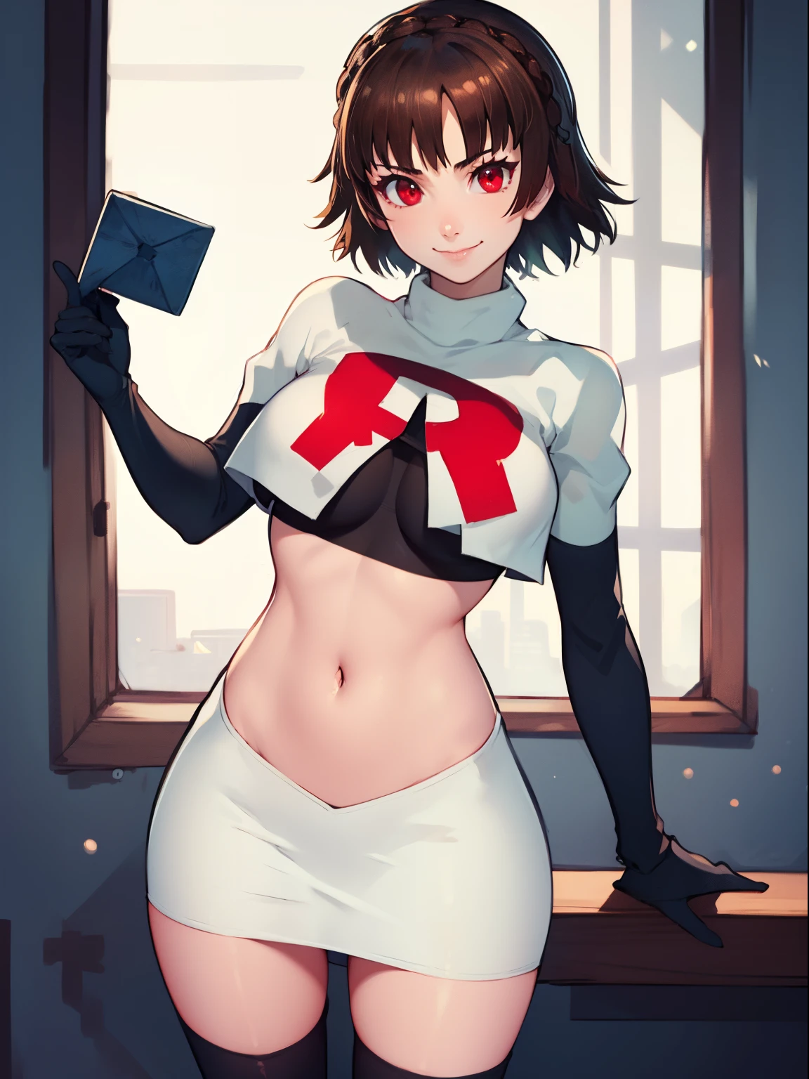 makoto nijima, blunt bangs, braid, brown hair, crown braid, (red eyes:1.3), short hair, team rocket uniform, red letter R, white skirt,white crop top,black thigh-high boots, black elbow gloves, smile, looking at viewer, cowboy shot, sexy pose, night sky background