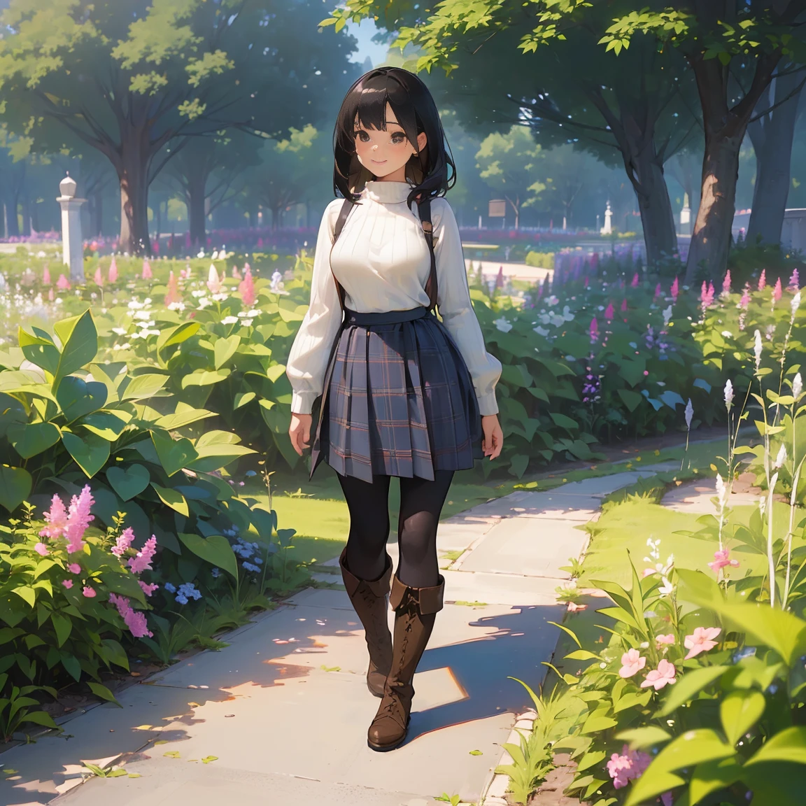 (High quality, High resolution, Ultra-detailed, Realistic:1.37), peaceful ambiance, (plein air, garden), Teenage girl standing alone, (My breasts are big.), Beautiful detailed features, Cute smile, (Black bob hair), Ribbed sweater, blue plaid skirt, Black tights, Brown boots.