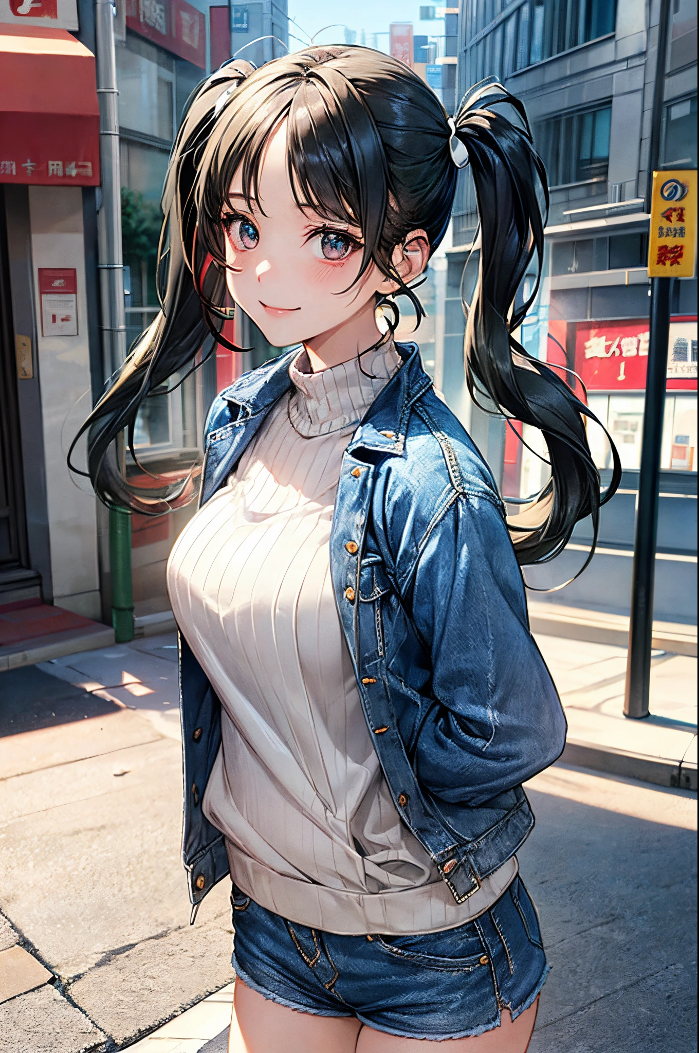 ((perfect anatomy, super detailed skin)), 1 girl, japanese, 14 years old, shiny skin, watching the view, 
beautiful hair, beautiful face, beautiful detailed eyes, (long hair:1.4, twintail:1.6), (babyface), large breasts:0.5, seductive arms, seductive thighs, 
((sweater, denim shorts, denim jacket)), 
(smile), walking,  
(beautiful scenery), convenience store, 
(8k, top-quality, masterpiece​:1.2, extremely detailed), (photorealistic), beautiful illustration, cinematic lighting,
