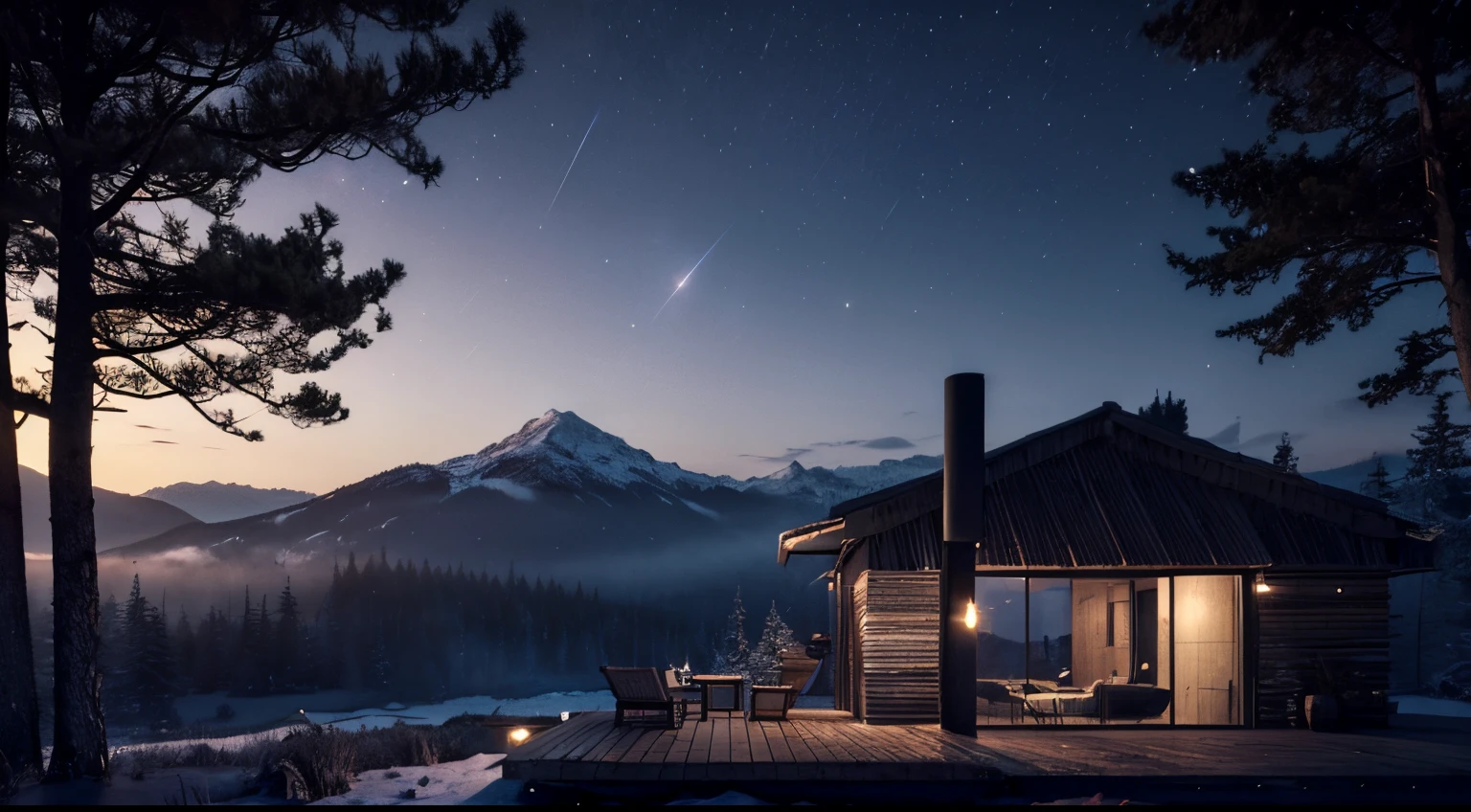 wide angle, landscape, 4k ultra-detailed, best quality, cinematic shot, masterpiece:1.3, photorealistic:1.3, other world, mystical atmosphere, low exposure, starry night, serene view, breathtaking nature, tropical night, wooden cabin in woods, tranquil setting, cool breeze, ethereal beauty, (peaceful night ambience)