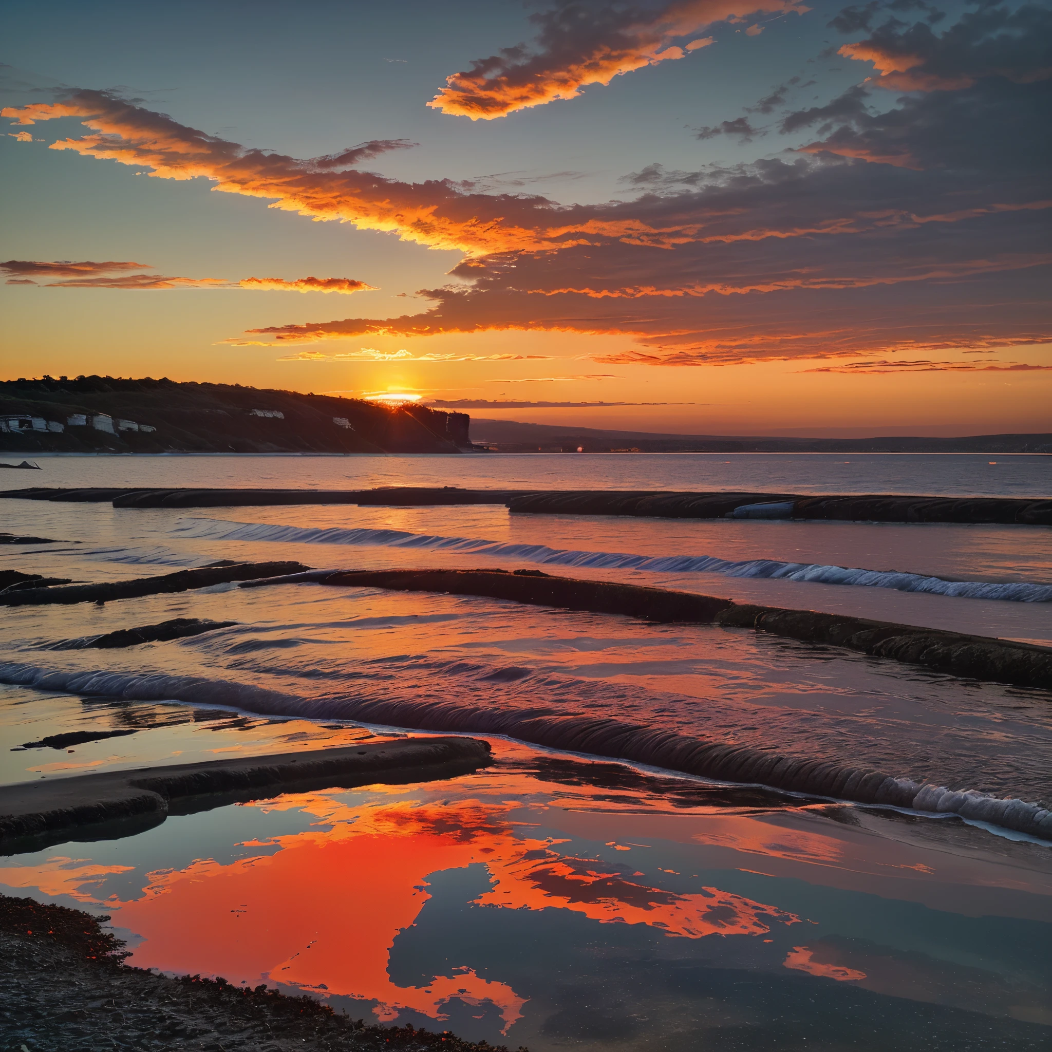 sunset, sky, water, sunrise, sun, nature, sea, clouds, landscape, lake, cloud, ocean, beach, orange, blue, red, reflection, beautiful, color, horizon, evening, sunlight, river, dusk, light