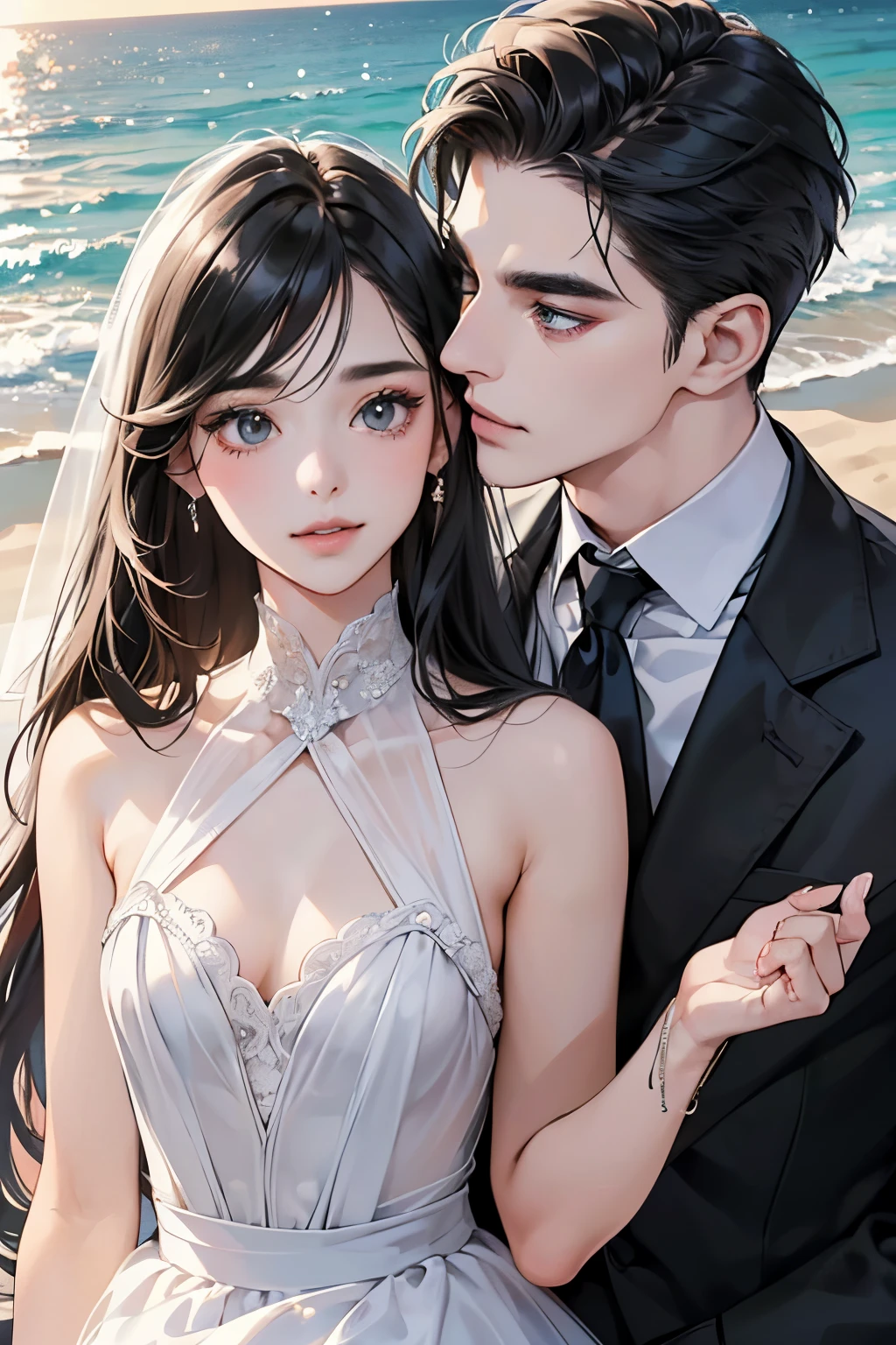 (masutepiece, Digital Art, Digital Illustration, 4K, 8K, Ultra-detailed, beautiful image, Sharp Image, Photorealistic, Raw photo, Perfect face, Perfect lines, Perfect eyes, Soft lighting) ,1 woman, (Long Black Hair,straight haired,Bullish gaze,Beautie,ellegance,Solid makeup,23 y-o woman,small tits:1.3),Two handsome men in suits, (ember,well-muscled,Firm shoulder width,Adult male,Boyish hairstyle,English gentlemanly style,Man in his 30s with a cool expression,28-year-old man with bright smile:1.2),Show white teeth and smile(embarrassed from,Shy smile:1.1),shores,Beach,beach wedding、innocent smiles,Laugh、couple kissing、kiss、the kiss、Romance、weddingdress、Wedding、seaside chapel、veils