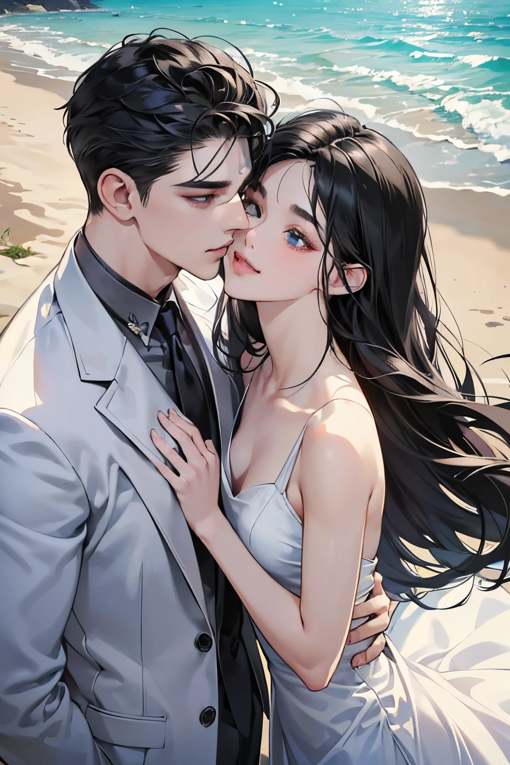 (masutepiece, Digital Art, Digital Illustration, 4K, 8K, Ultra-detailed, beautiful image, Sharp Image, Photorealistic, Raw photo, Perfect face, Perfect lines, Perfect eyes, Soft lighting) ,1 woman, (Long Black Hair,straight haired,Bullish gaze,Beautie,ellegance,Solid makeup,23 y-o woman,small tits:1.3),Two handsome men in suits, (ember,well-muscled,Firm shoulder width,Adult male,Boyish hairstyle,English gentlemanly style,Man in his 30s with a cool expression,28-year-old man with bright smile:1.2),Show white teeth and smile(embarrassed from,Shy smile:1.1),shores,Beach,beach wedding、innocent smiles,Laugh、couple kissing、kiss、the kiss、Romance、weddingdress、Wedding、seaside chapel、veils