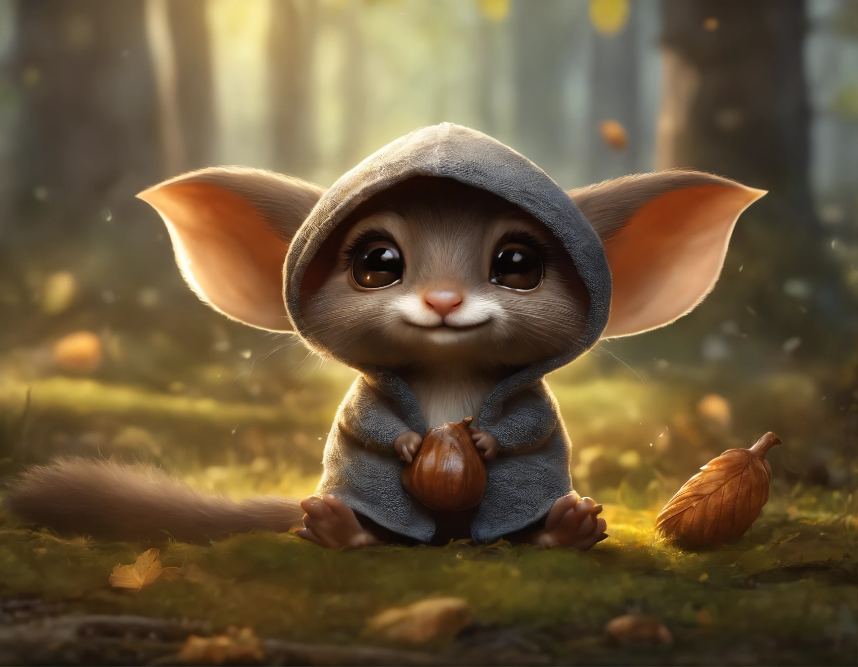 真实感, Realism, Close up of cute tiny fireflies around a huge oak tree, Morning lighting, dew, illuminate the bush, a detailed painting, cgsociety, Detailed painting, artstation hd, high detail, cgsociety, photo realism, Concept art, artstation hd, official arts, bokeh  ,gremlin, mole-like, wear a hooded shirt, Knitted jacket, assassin style, bright silver and brown, Small tail, large ears, covered with silver fur, water, stands on the shore, Best Quality, Masterpiece, in style of dark fantasy art, gremlin, mole-like, holding a huge acorn in his paws, bright silver and brown, short tail, elongated nose,,,,,, huge ears, covered with silver fur,tousled, five toes on each paw, holding a huge acorn in his paws, I'm standing in a forest clearing under the foliage of bast., acorns lie in the clearing, acorns glow, Crickets fly, Best Quality, Masterpiece, in style of dark fantasy art, fantasy-inspired, in the style of John Tolkien,  (CBZBB:1.25), ((gremlin),Zhkute, Small, baby, Beautiful, Fantasy art, deviant art, trending artstation, Digital Art, Detailed, Realistic, humanoid, character, tiny, Cinematic shot, holding an acorn in his paws, large ears, elongated nose, cinematic portrait of a mole,  naturalist, huge oak roots, entrance to the pit, Fireflies,