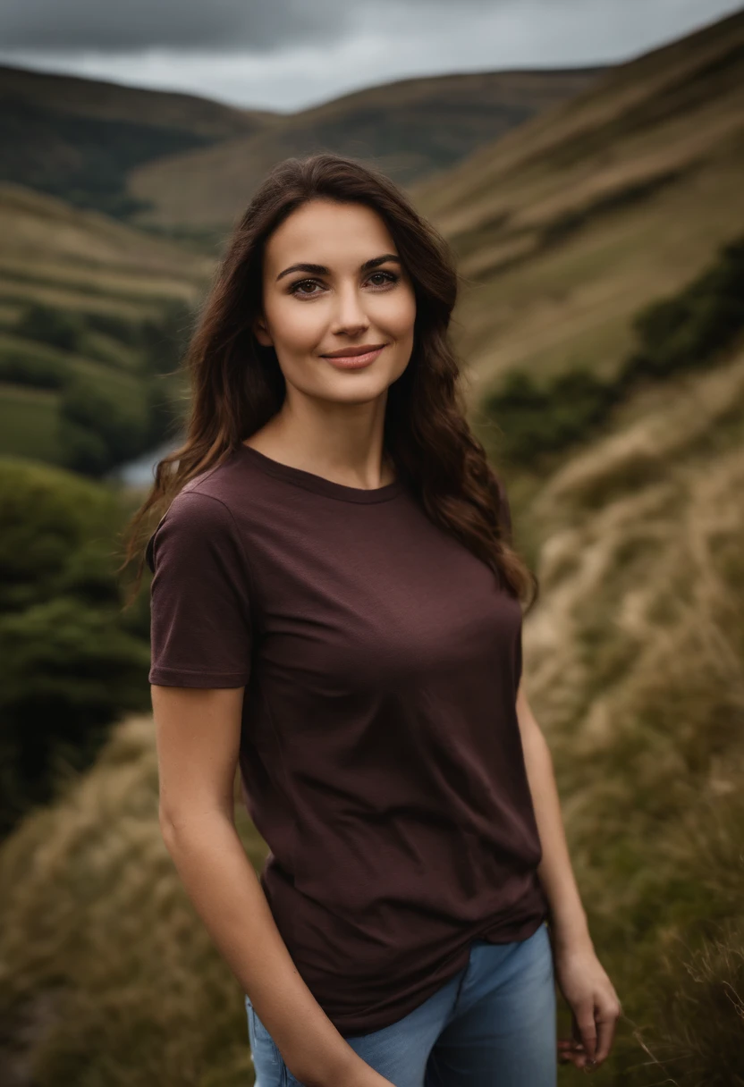 A photo of her enjoying a scenic hike in the Peak District with friends,original,She is a petite brunette with brown eyes. She is very beautiful and realistic looking. She is pale and wears tshirts, female