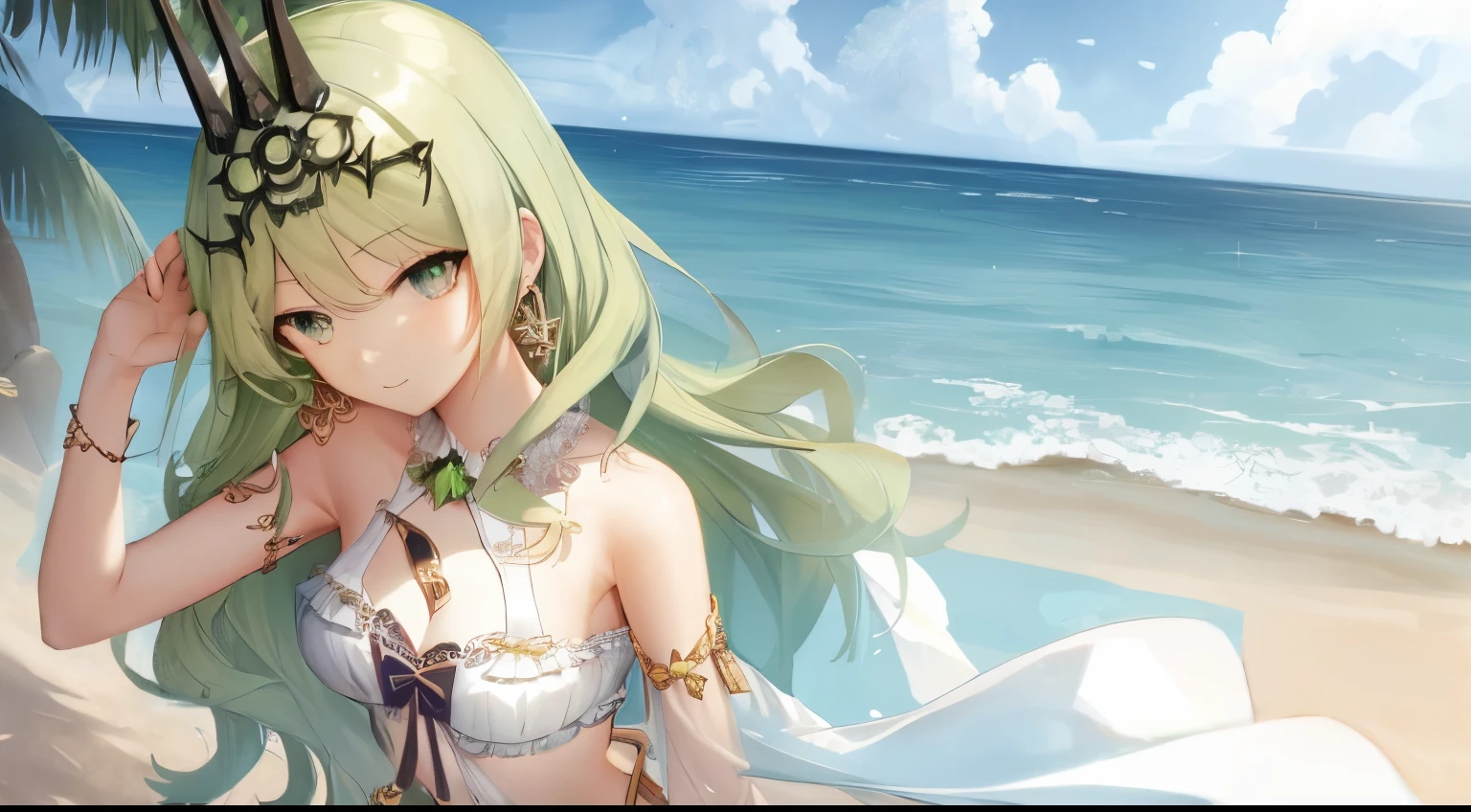 solo, 1girl, highres, green eyes, green hair, small breasts, looking at viewer, jewelry, crown, earring, lace, sundress, shawl, outdoor, beachside