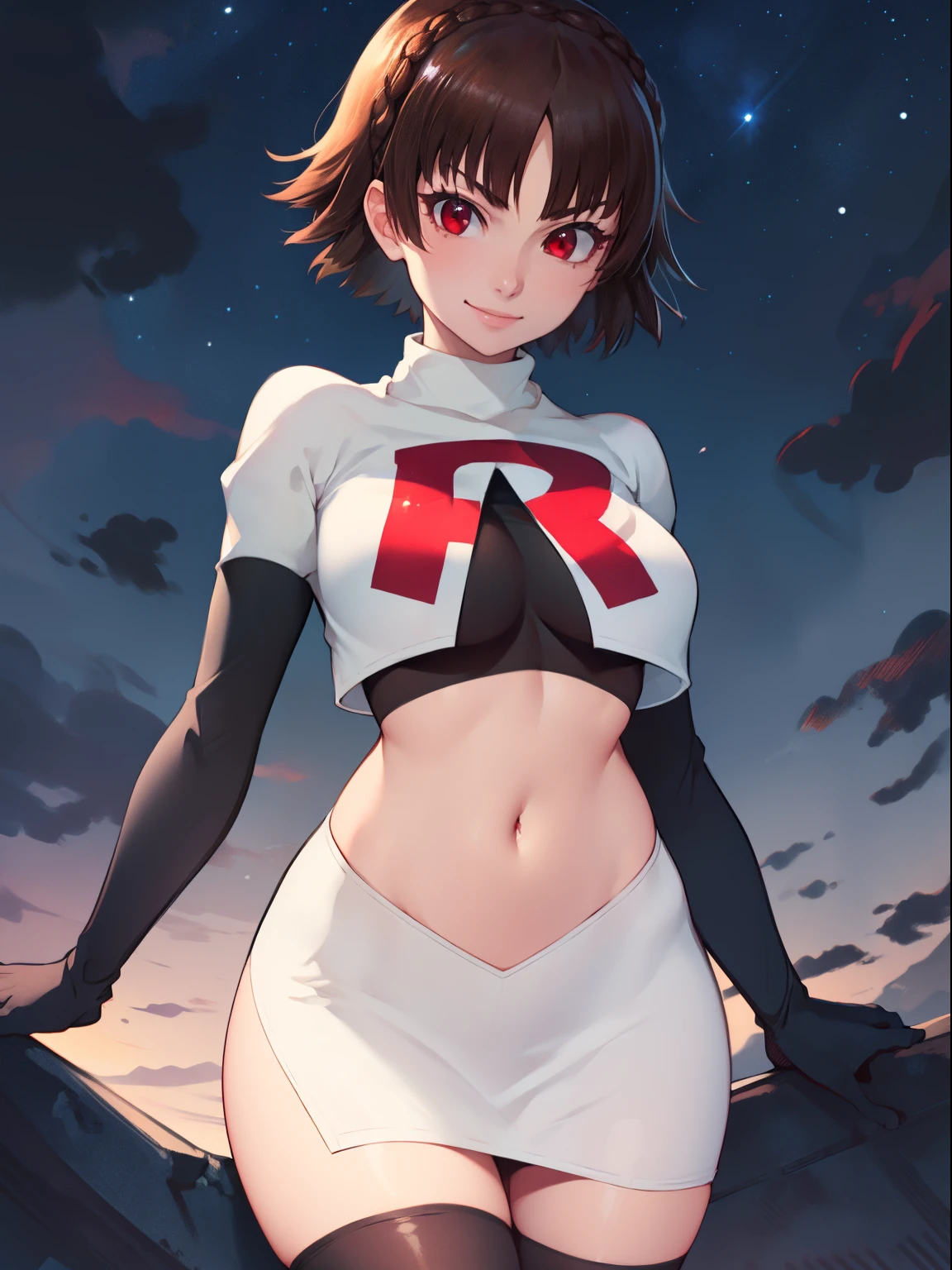 makoto nijima, blunt bangs, braid, brown hair, crown braid, (red eyes:1.3), short hair, team rocket uniform, red letter R, white skirt,white crop top,black thigh-high boots, black elbow gloves,evil smile, looking at viewer, cowboy shot, sexy pose, night sky background