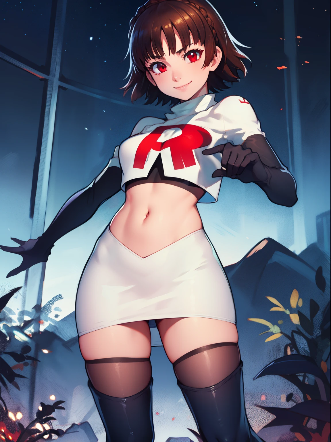 makoto nijima, blunt bangs, braid, brown hair, crown braid, (red eyes:1.3), short hair, team rocket uniform, red letter R, white skirt,white crop top,black thigh-high boots, black elbow gloves,evil smile, looking at viewer, cowboy shot, sexy pose, night sky background