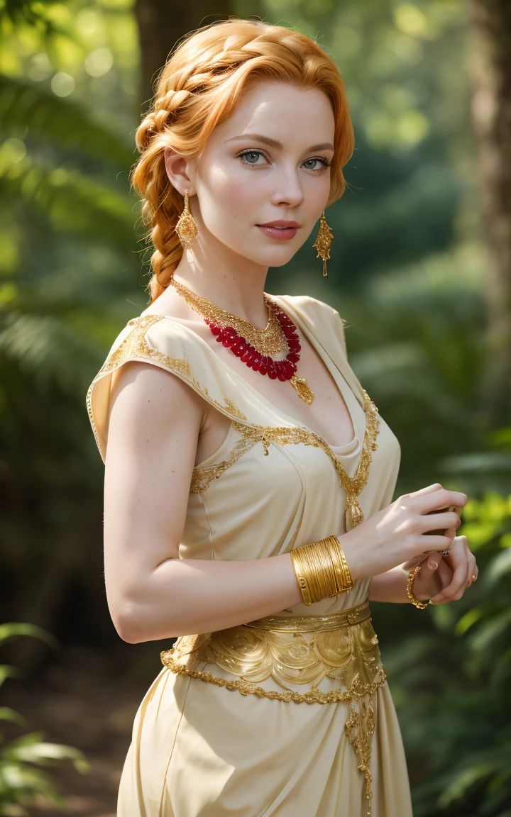 (Grace Kelly:Marilyn Monroe:0.5), A 35-year-old woman with ginger hair, high detail, face, high detail skin, detailed green eyes, one large braid, a gold necklace with a ruby pendant, dressed in a revealing white Greek tunic and Roman sandals, with gold bracelets on her arms, forest in the background, masterpiece, extremely high detail, cinematic lighting. backlight. shallow depth of field, bokeh, sharp focus, RAW photo