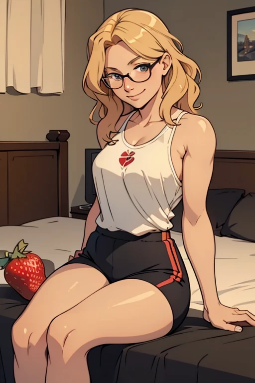 A beautiful barefoot woman with short wavy strawberry-blonde hair, wearing black sports shorts and glasses, sitting on a bed, looking happy.