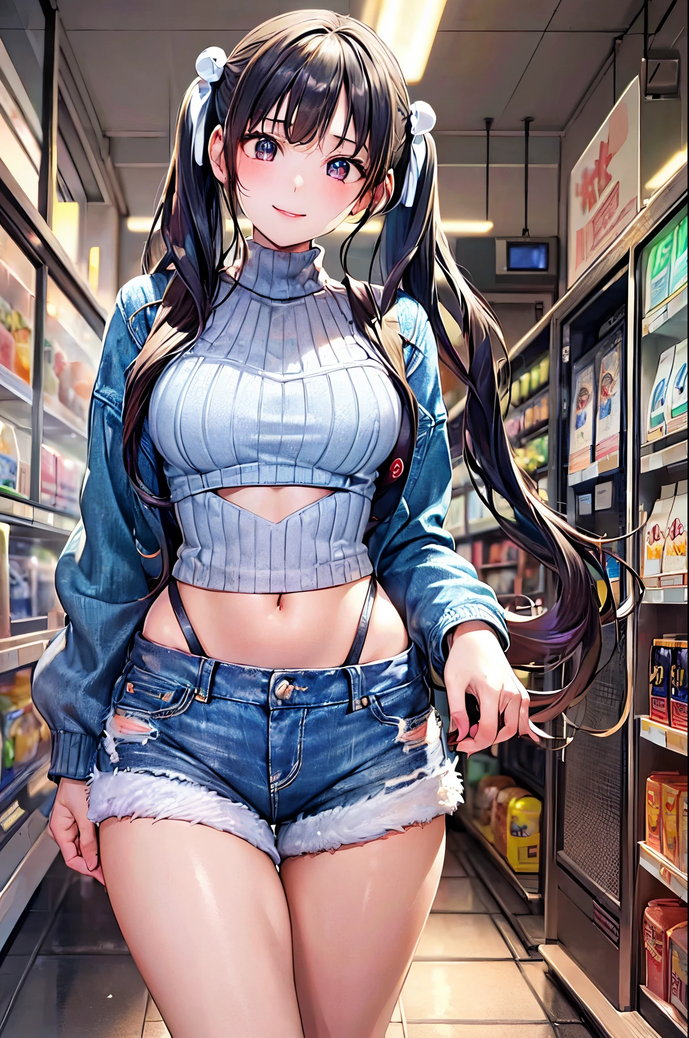 ((perfect anatomy, super detailed skin)), 1 girl, japanese, 14 years old, shiny skin, watching the view,
beautiful hair, beautiful face, beautiful detailed eyes, (long hair:1.4, twintail:1.6), (babyface), large breasts:0.5, seductive arms, seductive thighs,
((sweater, denim shorts, denim jacket)),
(smile), walking,
(beautiful scenery), inside convenience store,
(8k, top-quality, masterpiece:1.2, ultra detailed), (photorealistic), beautiful illustration, cinematic lighting,