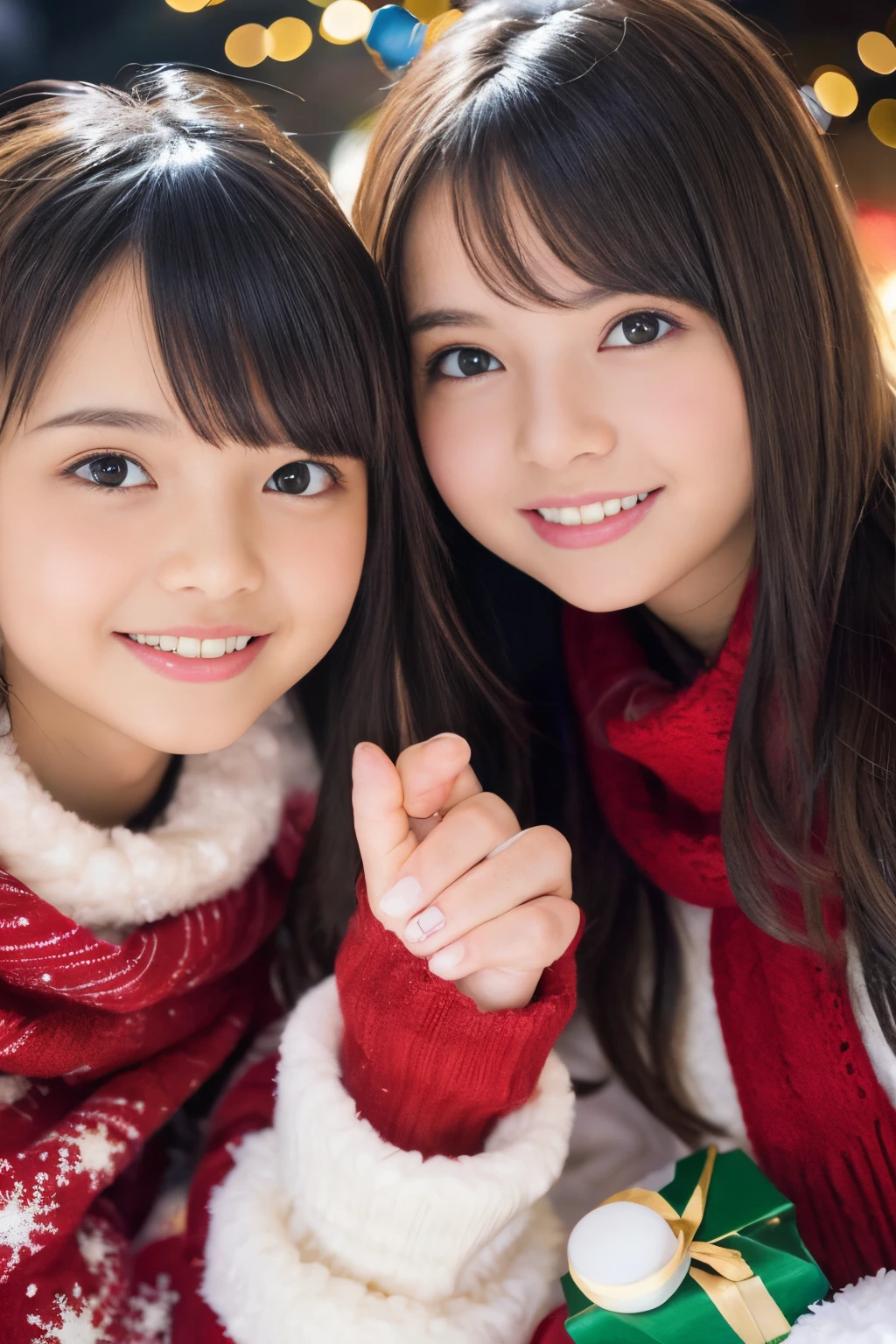 (highest quality,realistic,High resolution),2 girls,beautiful and fine eyes,beautiful detailed lips,smile,laughter,cute,christmas eve,Happy,enjoying,winter,Joyful,Excited,sparkling light,decorated christmas tree,crew,cozy atmosphere,warm fireplace,magic moment,twinkling stars,glowing candle,it&#39;s snowing,ground covered with soft snow,colorful holiday decorations,red and green colors,classy dress,fluffy scarf,Happy memories,cherish sisterhood,愛とlaughter、12 year old sisters、baby face、Childish、look at the camera、present box、