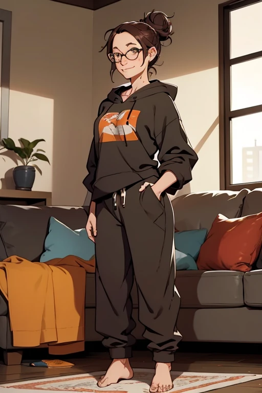 A cute happy barefoot woman with hair in a messy bun and glasses, facial freckles, toenail polish, , standing, wearing an oversized hodie and sweatpants, sitting on a couch.