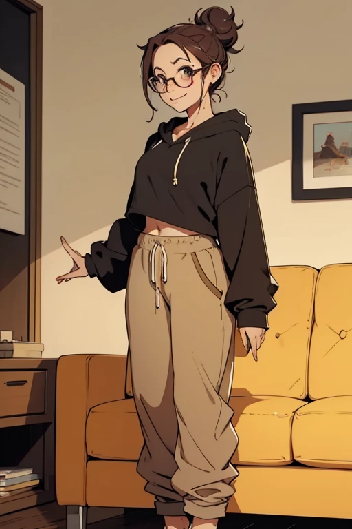 A cute happy barefoot woman with  hair in a messy bun and glasses, facial freckles, toenail polish, , standing, wearing an oversized hodie and sweatpants, sitting on a couch.
