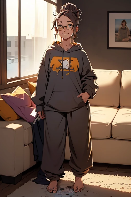 A cute happy barefoot woman with  hair in a messy bun and glasses, facial freckles, toenail polish, , standing, wearing an oversized hodie and sweatpants, sitting on a couch.