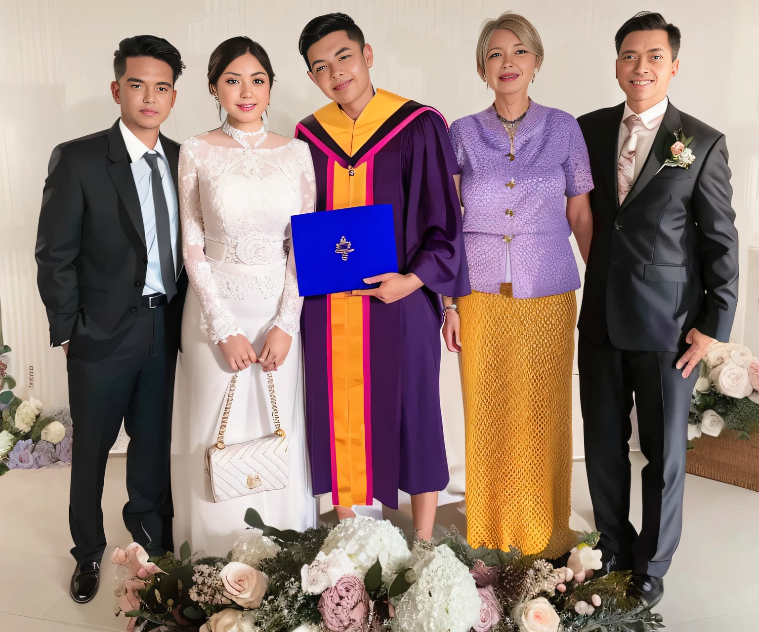 Four people standing together in front of a flower arrangement., graduation photo, scene, photo taken in 2 0 2 0, master level, digital collage, Wear a school uniform.., fanart, In the form of Lammani, bridegroom, Digital Photography, wedding photo, [ digital art, in style of thawan duchanee, snapchat pictures, wedding