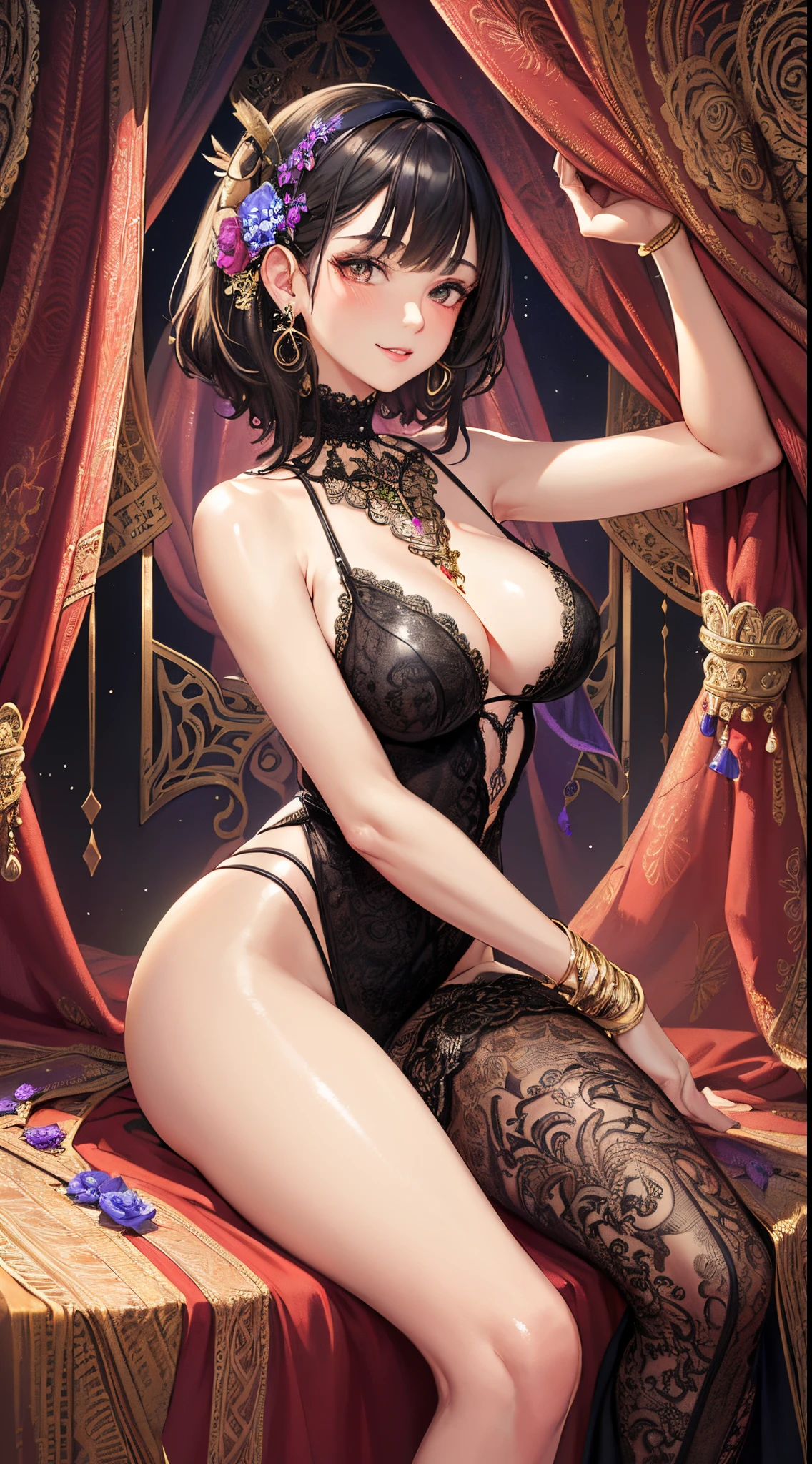 A female with medium breasts, slim body, tempting body, nice bare leg, bare arm, nice cleavage, bare shoulders, short hair, black hair, silk bed, silk mattres, soft bed, silk ornament, night lighting, flowers hair piece, feathers, particles, light rays, (masterpiece, top quality, best quality, official art, beautiful and aesthetic:1.2), (1girl:1.3), extremely detailed,(fractal art:1.1),(colorful:1.1)(flowers:1.3), highest detailed,(zentangle:1.2), (sexy sit pose), (curtain background:1.3), (shiny skin), (many colors:1.4), (earrings:1.4), (tight short lingerie:1.2), (shiny skin), (many colors:1.4), (earrings:1.4), sexy eyes, innocent, smile, sweet, beautiful, attractive body, gorgeus, pink blush, waiting, want something.