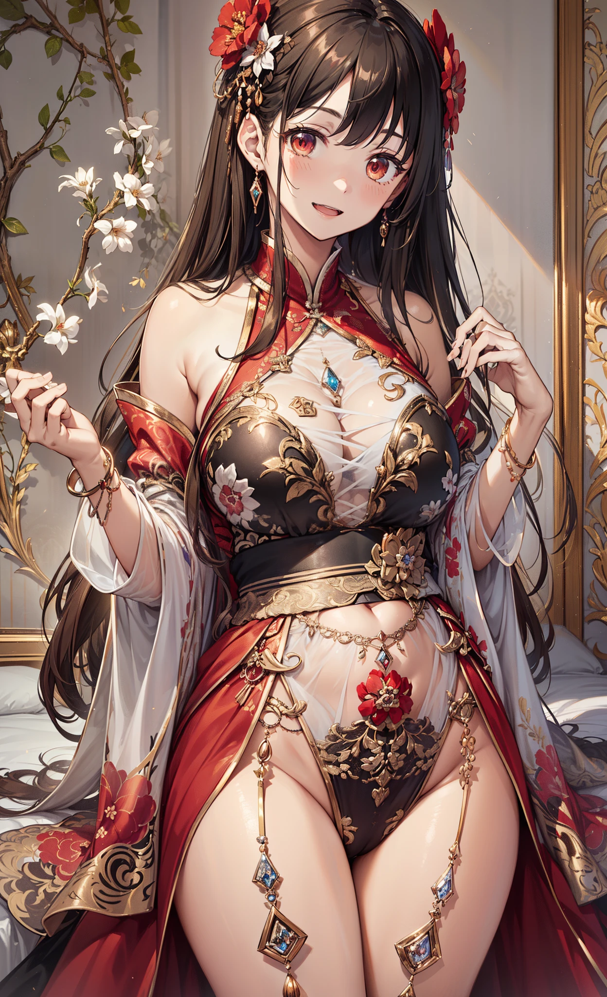 top-quality、Top image quality、tmasterpiece、girl vs........((、plump girl、obsessed、tempting pose、charming body、Grand canyon、Beautifully designed Hanfu, Brown hair,Very long hair,hairflower, exposed bare shoulders, Wide sleeves, longer sleeves,sheer transparent clothes、Smile without opening your mouth、Light red unified eyes)),high high quality、beautiful art、Background with(Luxury hotel bedroom,natta))、visual art、depth of fields、Diamonds adorn clothes、Best 3/4 body image、Lace、Hide breasts