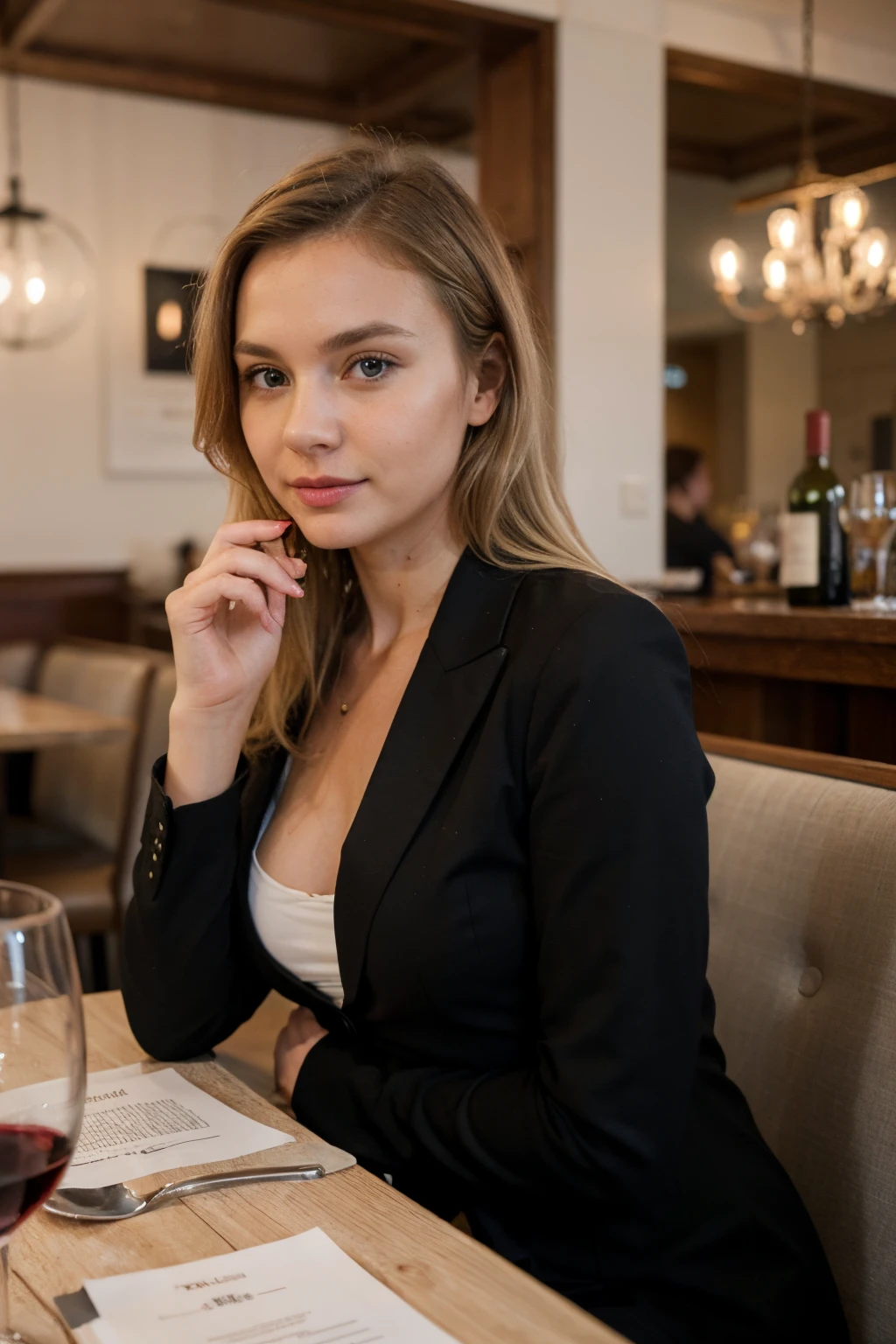 Light blonde Swedish woman wearing business costume in a restaurant, drinking red wine, ((best qulaity)), ((Meisterwerk)), (Detailliert), Perfektes Gesicht