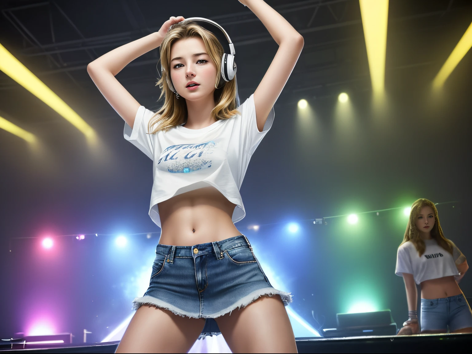 top quality 32k raw photo of 18-year-old Emily VanCamp wearing white T shirt and jeans skirt and headphone. navel look. she is on the disco stage dancing. colorful lights,