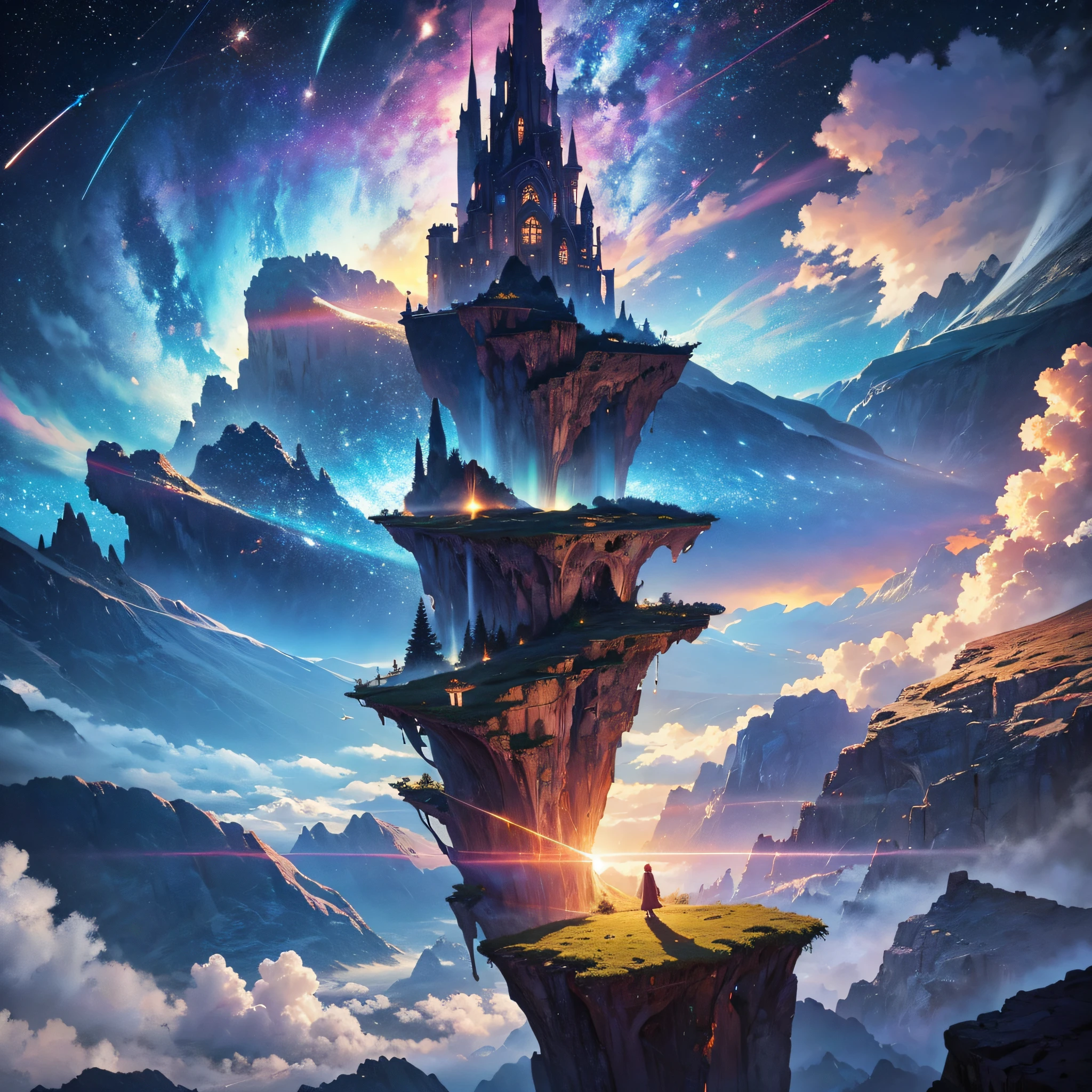 In the ethereal realm of artistic imagination, a breathtaking tableau emerges from the canvas—a view of a landscape from a cliff that defies earthly conventions. The precipice, soaring dizzyingly high in the sky, becomes the gateway to a mysterious expanse, invoking a sense of wonder and fantasy. Delicate lines and colors intertwine meticulously to craft the scene, each stroke contributing to the creation of a world beyond the ordinary, As the beholder's gaze navigates the canvas, they encounter a majestic sky adorned with colossal, vividly-hued planets suspended in the celestial tapestry. Giant orbs, resplendent in their otherworldly beauty, cast an enchanting glow upon the landscape below. The celestial bodies, rendered with the highest quality, evoke a sense of awe as they dominate the canvas with their vibrant, cosmic presence., In the distance, a civilization unfolds, its structures and inhabitants mere specks on the canvas, emphasizing the vastness of the landscape. The meticulo, cinematic lighting, glowing light, wide shot, atmospheric perspective, drone view, (day sky)