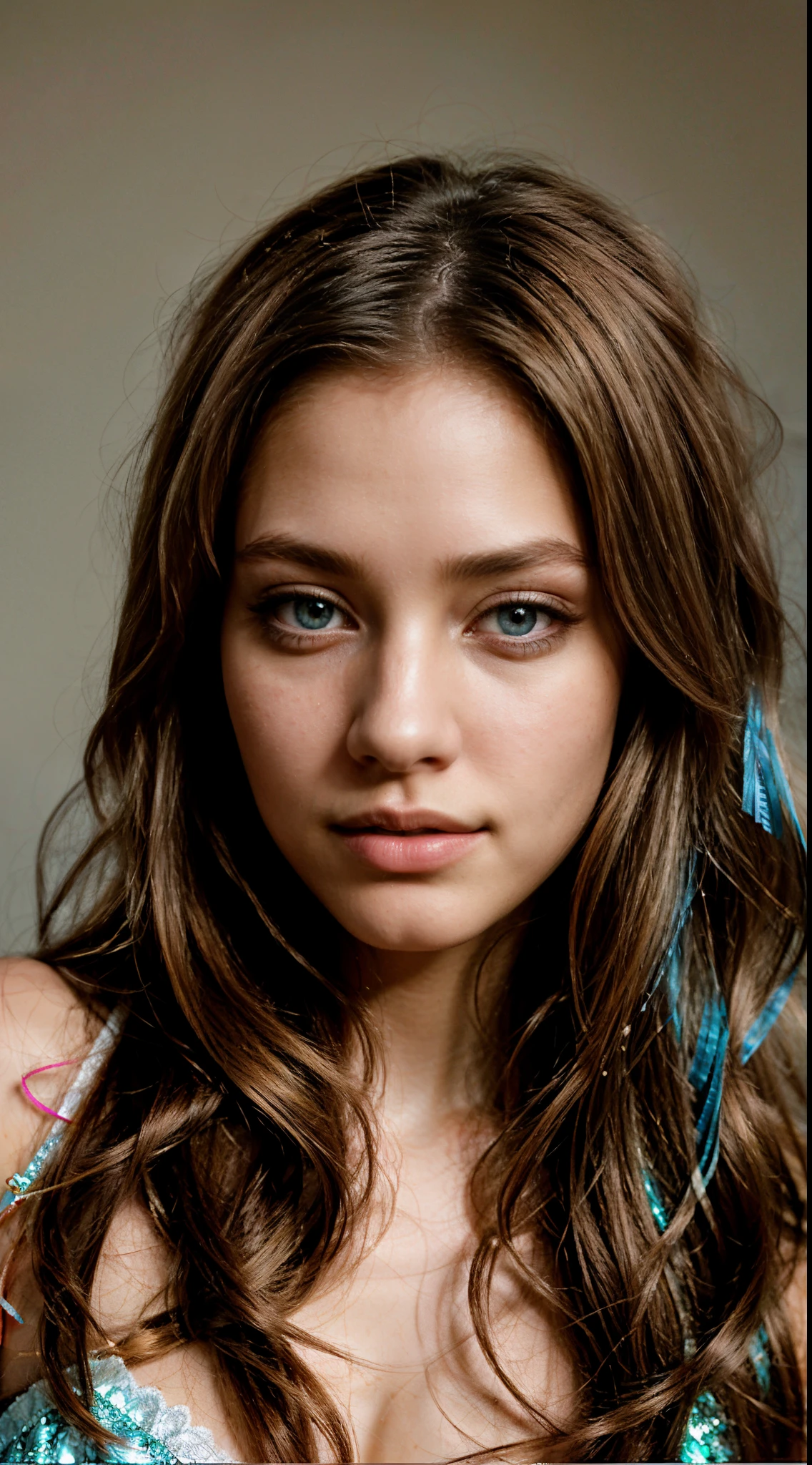 Hyperrealistic portrait of a 20-year-old model-looking girl with long blonde hair and blue eyes will be very detailed and realistic. Every facial feature will be worked out perfectly, reflecting all the subtleties and details. Her hair will be depicted with full volume and texture, with realistic shimmer from root to tip. Light reflections on each strand of hair will be visible, giving them depth and volume. Long strands of white blonde with delicate nuances of fluffy pink shades can give her look even more grace. The eyes, which are the main accent of the portrait, will be drawn with absolute finality and realism. The blue eyes will have depth and brightness, with the smallest details such as light veins and iris patterns. The look will be lively and expressive, giving the girl a certain mystique. The girl's skin will be even and uniform, with subtle wrinkles and redness in the right places to give the impression of a natural and lively portrait. The color will be accurate and smooth, reflecting the tones of the skin and subcutaneous layer. Every texture, whether it's the sandy hairs on her eyelashes or the bubbles on her lips, will be carefully worked out to give the portrait even more realism. The girl's clothing may be embellished with crystals or silk ribbons to create an effect of luxury and elegance. This kind of attention to detail will help create a hyper-realistic effect and emphasize her model-like features. Overall, a hyper-realistic portrait of such a girl will be an embodiment of art and creativity that will convey all the beauty and features of her appearance. It will epitomize the ideals of beauty and will impress everyone who sees it.