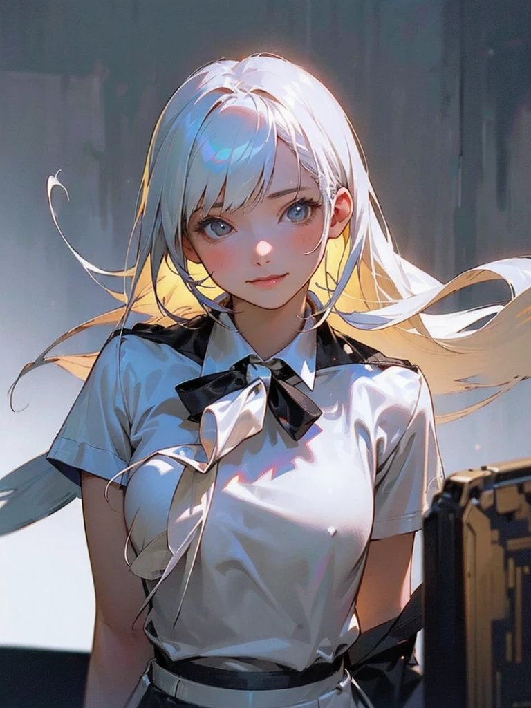 (1girl in:1.3), (Photorealistic:1.4), (masutepiece, of the highest quality, Best Quality, Official art), ighly detailed, highest details, (Ultra-detailed), ((extremely delicate and beautiful)), Cinematic Light, Contemporary, Silky long hair, (White hair), Dystopian background, in night, tshirts, Skirt, Upper body, Smile, (viewer'Perspective:1.4), 23 years old