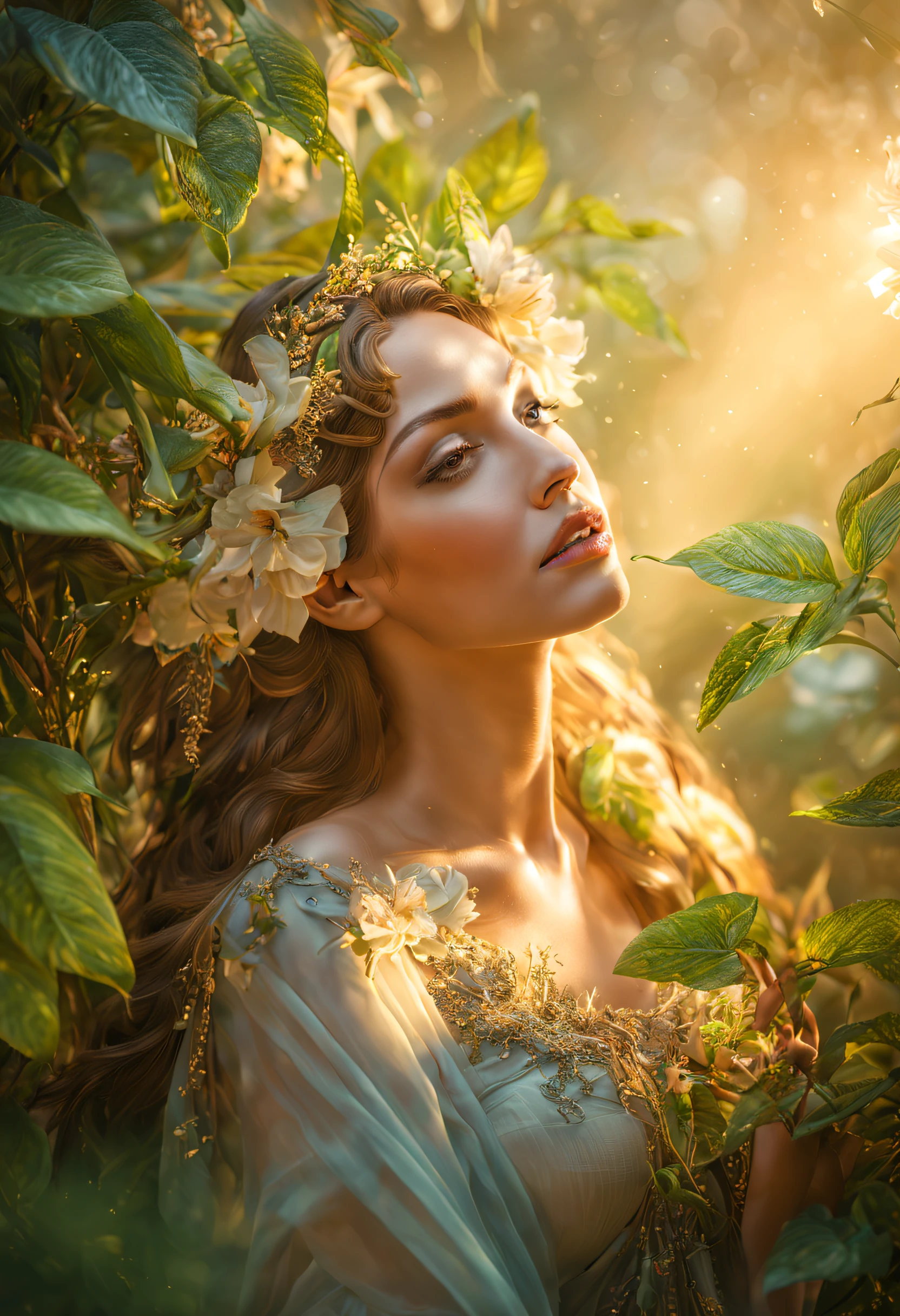 (best quality,4k,8k,highres,masterpiece:1.2),ultra-detailed,(realistic,photorealistic,photo-realistic:1.37),The goddess of plants,greenery intertwined with the elegant features of a woman,beautiful detailed eyes,beautiful detailed lips,a woman with an ethereal glow,graceful and serene expression,flowing hair adorned with delicate flowers,lush garden with a variety of vibrant plant life,golden rays of sunlight filtering through the leaves,enveloping the scene in a warm and magical light,fine brush strokes capturing every intricate detail,subtle textures emphasizing the delicate petals and leaves,deep and vivid colors,translucent and dewy petals,leaves dancing with a gentle breeze,an aura of tranquility and life,harmony between nature and the divine,a mesmerizing and otherworldly portrait,portraits,botanical,art nouveau,colorful palette,soft and dreamy lighting