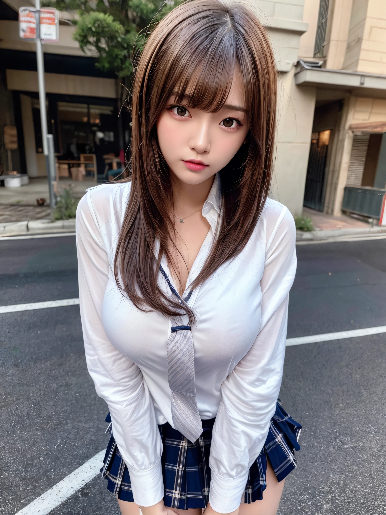 (top-quality、ighly detailed、The ultra-detailliert、8K、​masterpiece、reallistic、Photorealsitic)、15yo student、brown haired、beautidful eyes、real looking skin、hi-school girl、small tits、Beautie、cute little、japanes、A smile、Close-up portrait、Healthy face、School uniform、plaid skirts