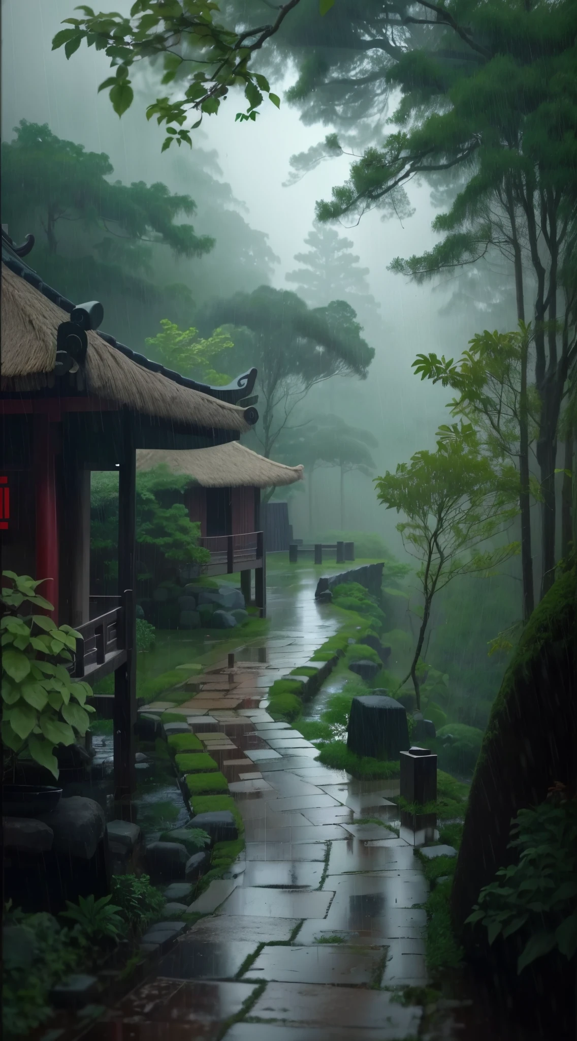 There is a path leading to ancient Chinese architecture in the woods, (muddy path), (shabby + thatched hut), rainy atmosphere, quiet and peaceful atmosphere, rainy environment, roof forest, rainy aesthetics, in rainy environment, foggy rainy day, rainy scene, outside on rainy day, humid atmosphere on rainy day, quiet and peaceful, completely covered in nature, amazing nature in the background, rain falling, rainy atmosphere