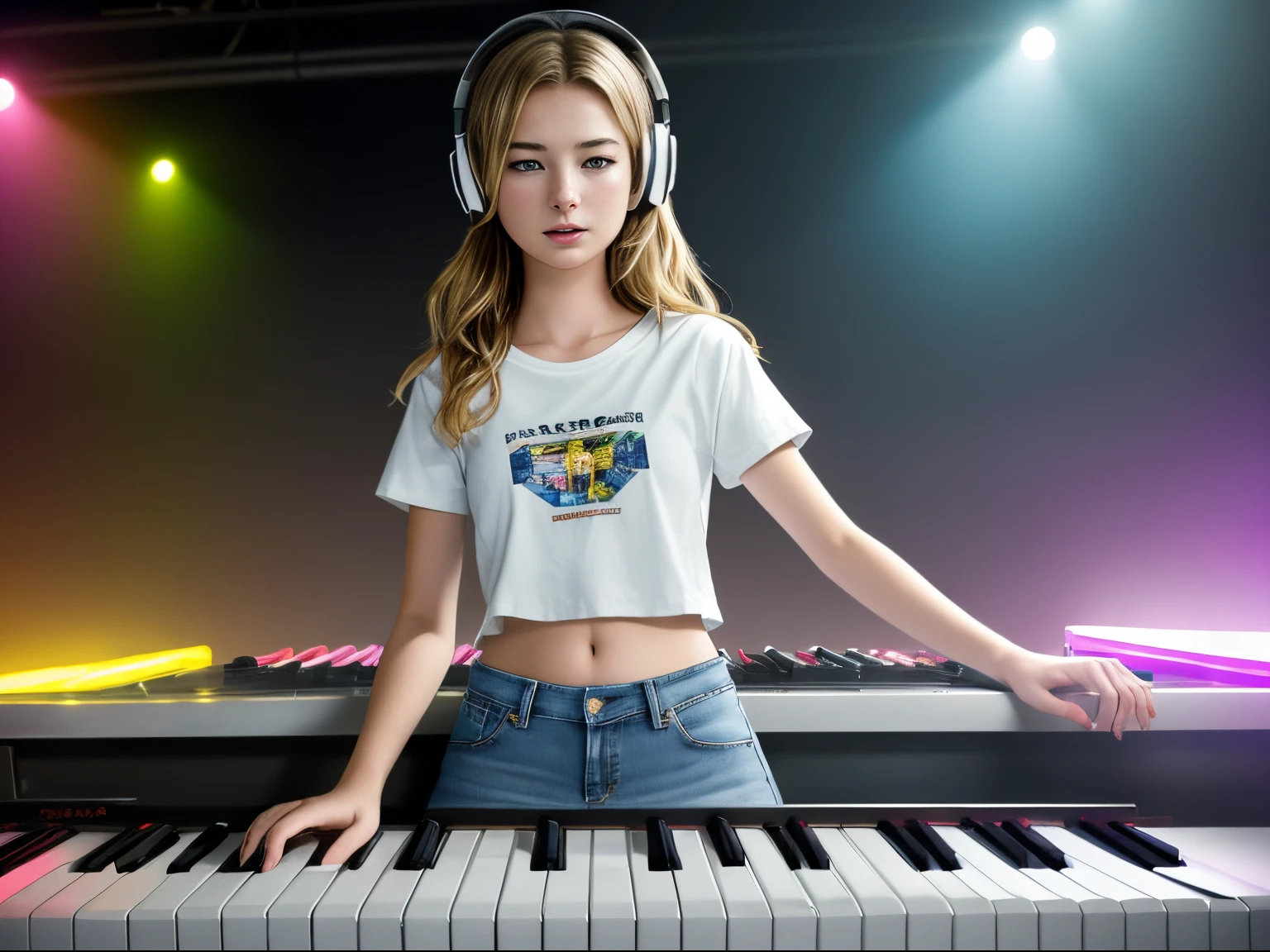 top quality 32k raw photo of 18-year-old Emily VanCamp wearing white T shirt and jeans skirt and headphone. navel look. she is on the disco stage playing keyboard. colorful lights,