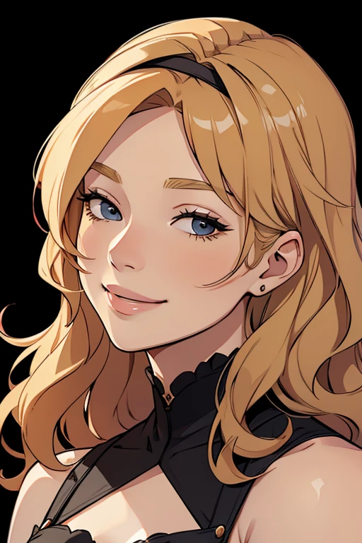 Portrait of a beautiful twoman with short wavy strawberry-blonde hair, wearing a black blindfold, looking happy.