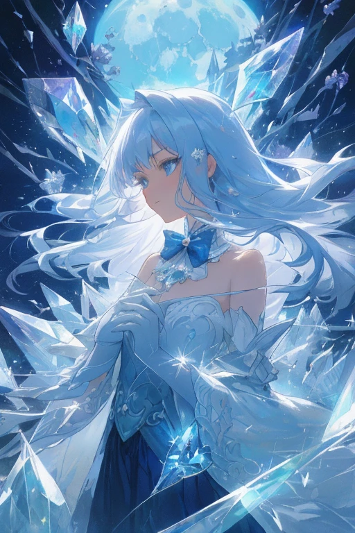 crystal texture hair,finely crystallized clothing,crystal blue gemstone gloves,extremely details CG,8k_wallpaper,beautiful detailed glass hair,A jewel sky with beautiful details,Floating feeling,Body Gemstones,solofocus,Ultra-fine,top-quality,​masterpiece,illustratio,frilld,女の子1人,独奏,dynamic ungle,big top sleeves,Smaller chest,bare shoulders​,bowtie,Hair between the eyebrows,pleatedskirt,finely crystallized clothing,brilliance,broken gem,detailed glass shape clothes,White hair,Blue eyes,Beautiful eyes in every detail,crystal flower garden,illustratio,Bangs,Blue Moon,length hair,de pele branca,light  leaks,moonlights,expressionless,dishevled hair