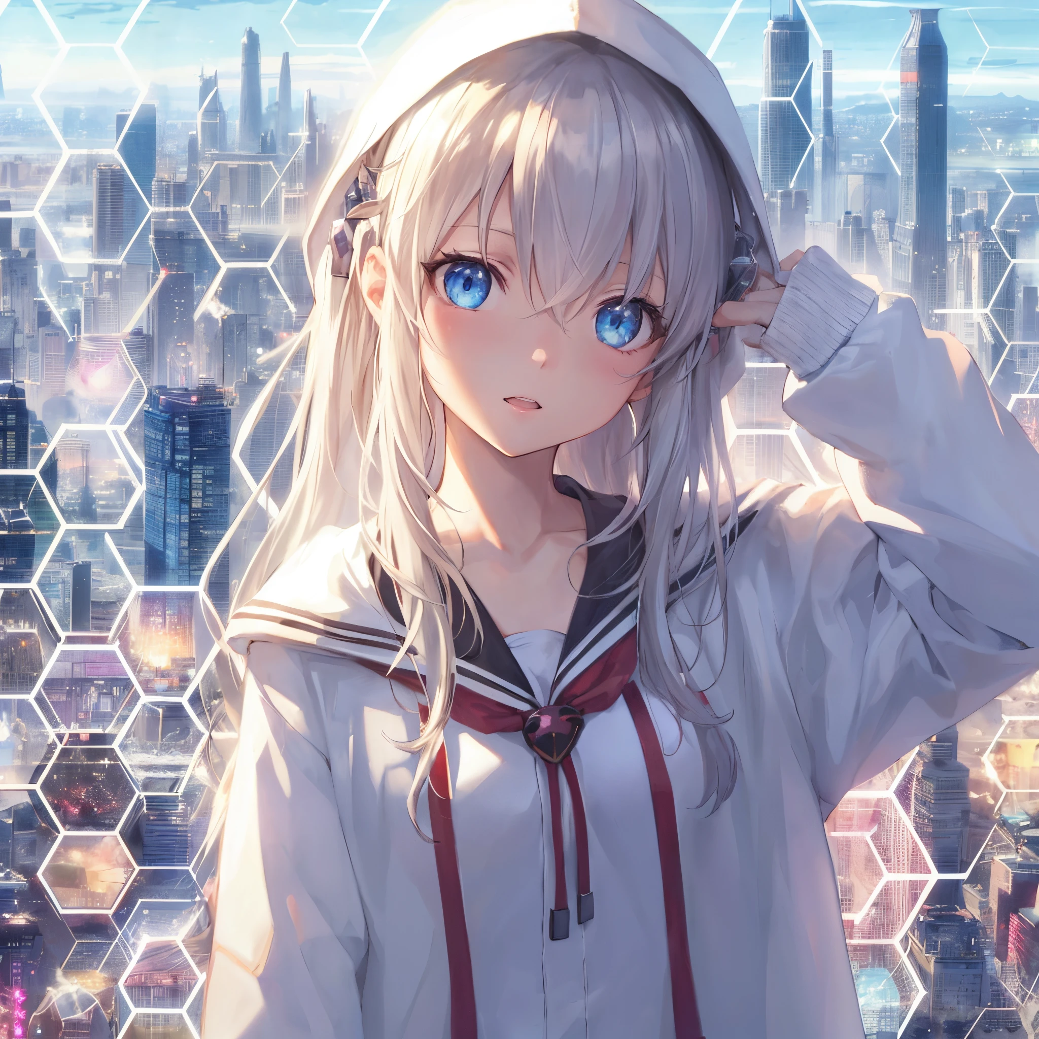 anime girl with blue eyes and a white hoodie standing in front of a city, anime style 4 k, best anime 4k konachan wallpaper, anime art wallpaper 4k, anime art wallpaper 4 k, anime girl of the future, anime visual of a cute girl, anime wallpaper 4k, nightcore, anime wallpaper 4 k, 4k anime wallpaper