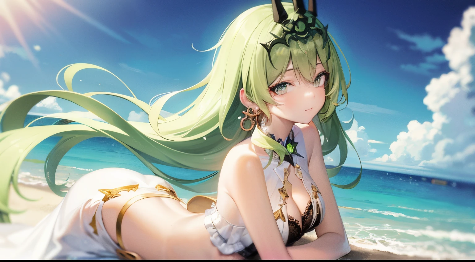solo, 1girl, highres, green eyes, green hair, small , looking at viewer, jewelry, crown, earring, lace, sundress, shawl, outdoor, beachside