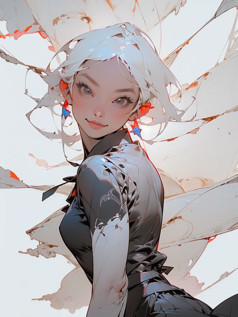 (1girl in:1.3), (Photorealistic:1.4), (masutepiece, of the highest quality, Best Quality, Official art), ighly detailed, highest details, (Ultra-detailed), ((extremely delicate and beautiful)), Cinematic Light, Contemporary, Silky long hair, (White hair), Dystopian background, in night, Black shirt, Skirt, Upper body, Smile, (viewer'Perspective:1.4), 23 years old