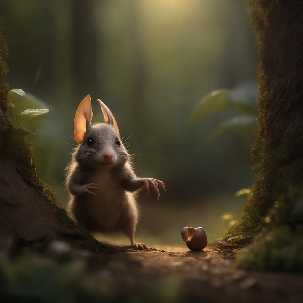 (CBZBB:1.25),gremlin, fantasy style, in style of dark fantasy art, fairy tale style hobbit style, in the style of John Tolkien, Looks like creatures in clothes, ,gremlin looks like a mole((taupe)), goes down the hill, collects nuts, rain is dripping, huge ears, elongated cute nose, Small tail, five toes, wear a vest with a hood, wearing a backpack, detailing, Hobbit style house, walks along the road collecting nuts, mole style gremlin, Gremlin goes collecting peanuts down the hill, holding a large acorn in his paws, CBZBB,Cute, Small, baby, Beautiful, Fantasy art, deviant art, trending artstation, Digital Art, Detailed, Realistic, humanoid, character, tiny, Cinematic shot, cinematic portrait of a fairy mole, cute character, looks like a gremlin, looks like a mole, ,gremlin, mole-like, bright silver and brown, Small tail, large ears , elongated cute nose,summer in a vest with a hood, covered with silver fur, holding a large acorn in his paws, water, Burrow, tree roots stick out from the walls in the hole, mushrooms sticking out of the ground, Best Quality, Masterpiece, in style of dark fantasy art,真实感, Realism, tmasterpiece, Brad Jongsan walks in the jungle (Night of the Fireflies), (higly detailed: 1 1), rough face, natural skin, hiquality, NSFW, pretty eyes, (Detailed face and eyes), (s face: 1 2), tumult, Complementary, real-photo, ..........PSD, Lightweight Film Photography, sharp-focus, contrast lighting, Detail Skin, high resolution 8k, Crazy detailing, Realistic, professional photo of a, 8K UHD, dslr, soft light, hiquality, film grains, Fujifilm XT3, dark fantasy style,