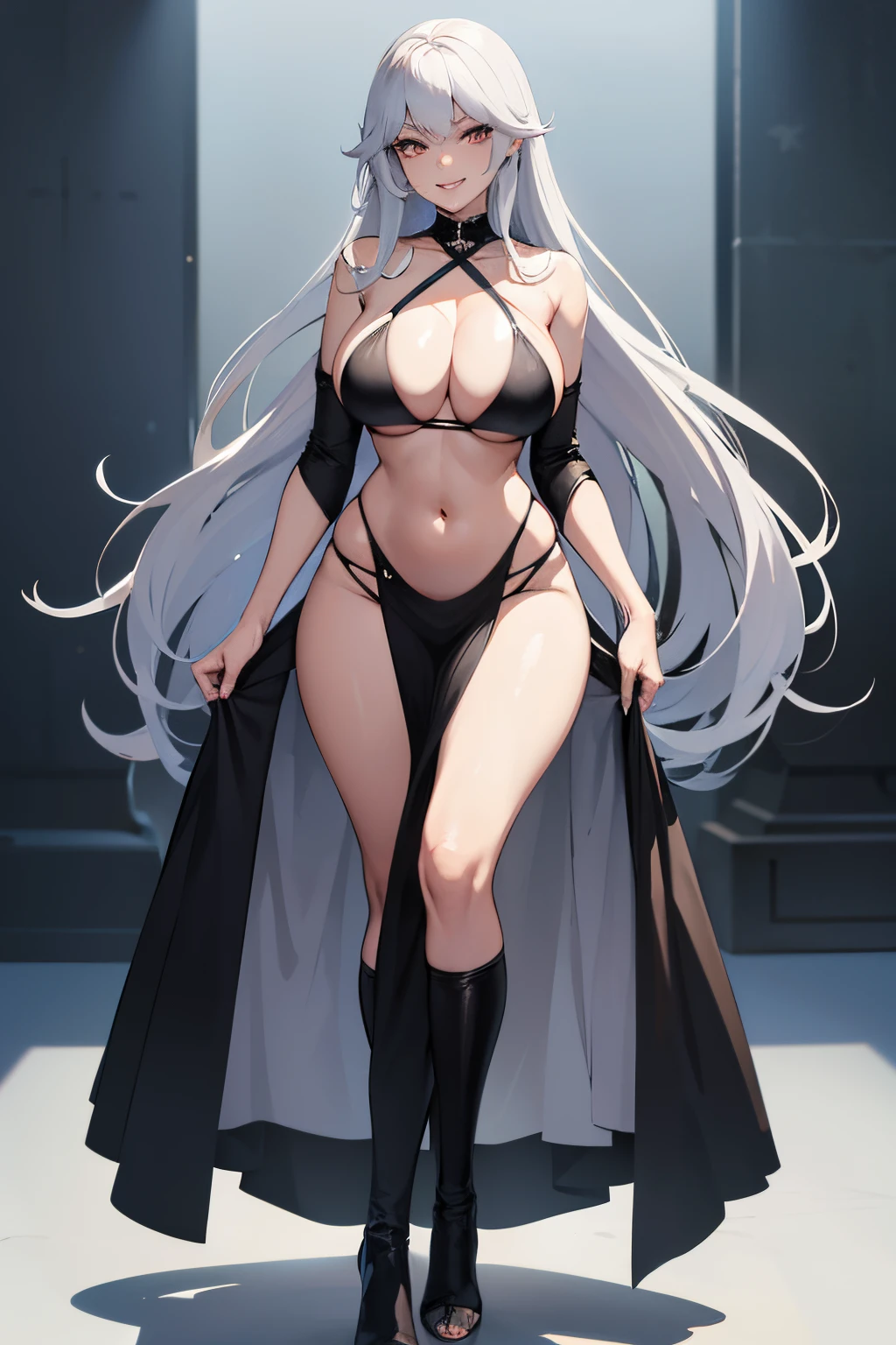 full body view, tall woman, long gray hair, villain gray eyes, beautiful face, beautiful eyes, beautiful lips, seductive face, grinning, black bikini dress, beautiful body, sexy pose, masterpiece,8k, high res, best quality